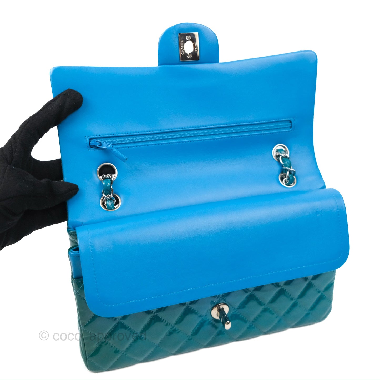 Chanel Classic M/L Medium Flap Quilted Turquoise Patent Silver Hardware