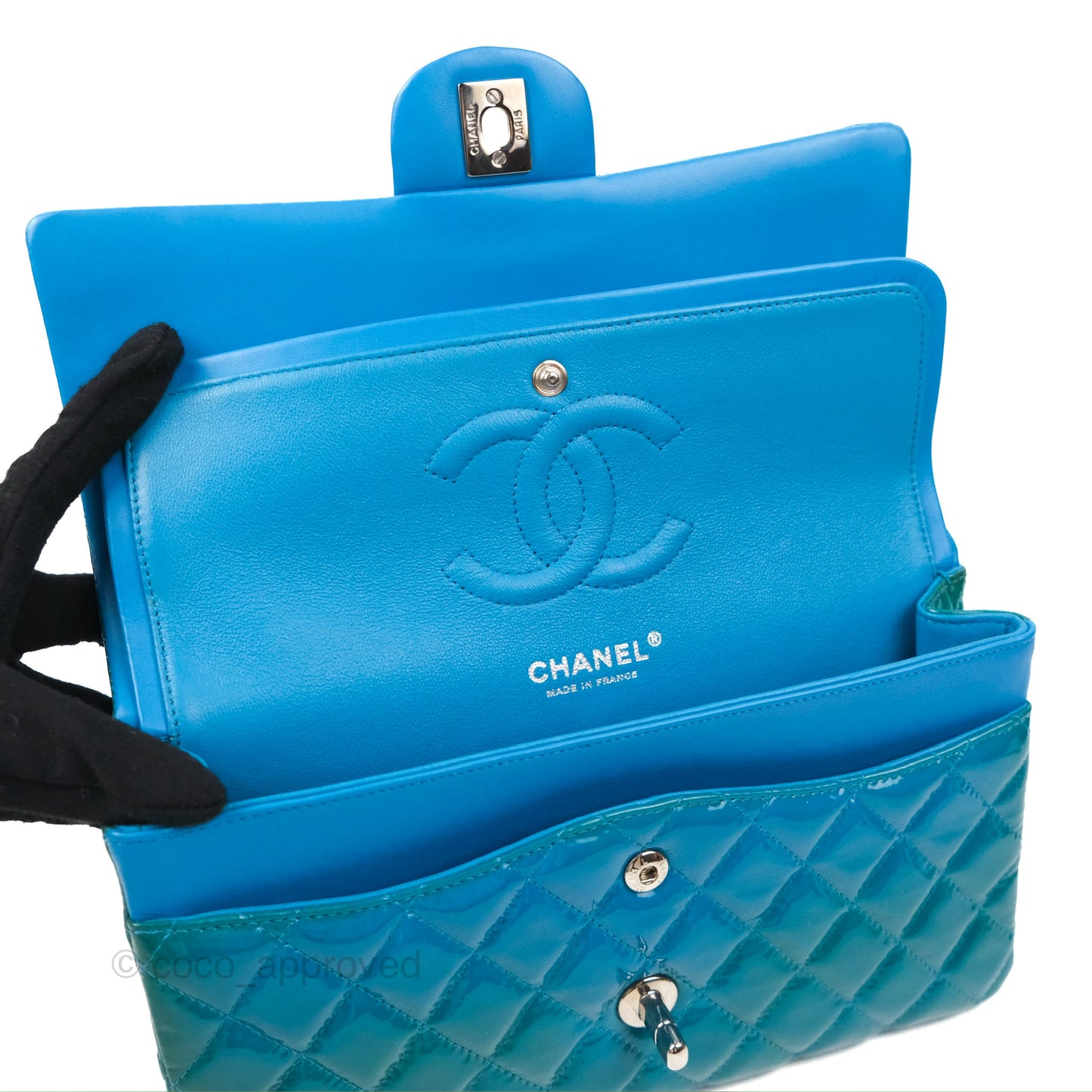 Chanel Classic M/L Medium Flap Quilted Turquoise Patent Silver Hardware