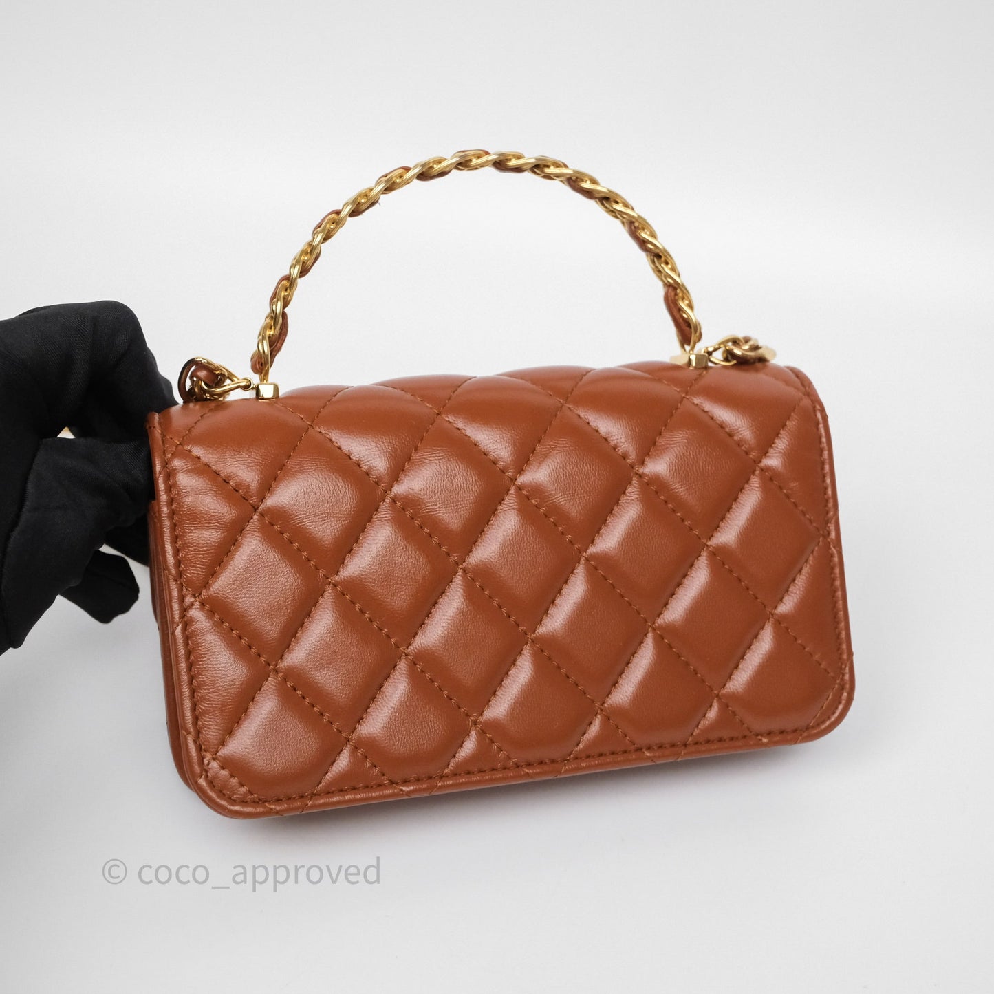 Chanel Top Handle Mini WOC Phone Holder with Chain Dark Caramel Lambskin Gold Hardware