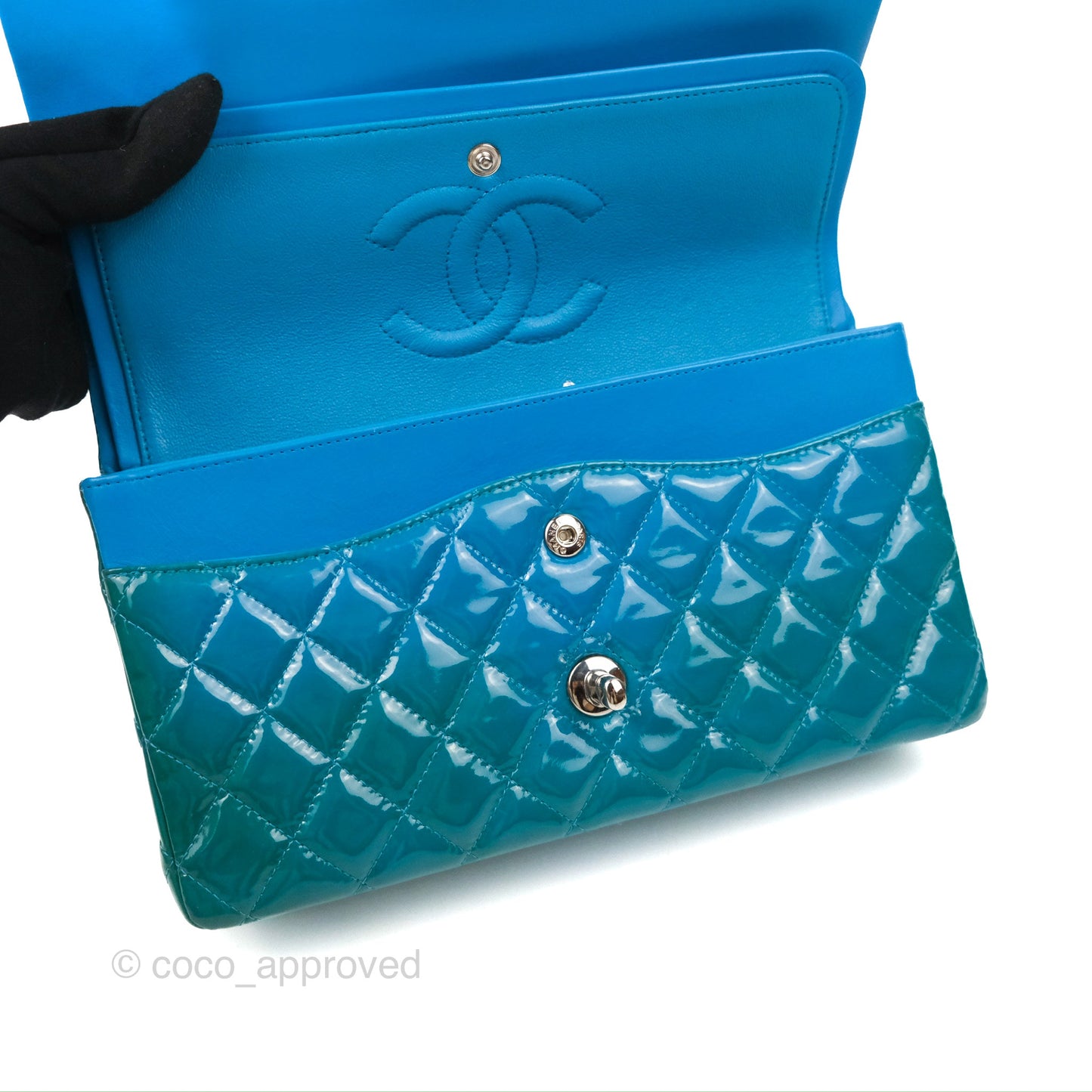 Chanel Classic M/L Medium Flap Quilted Turquoise Patent Silver Hardware