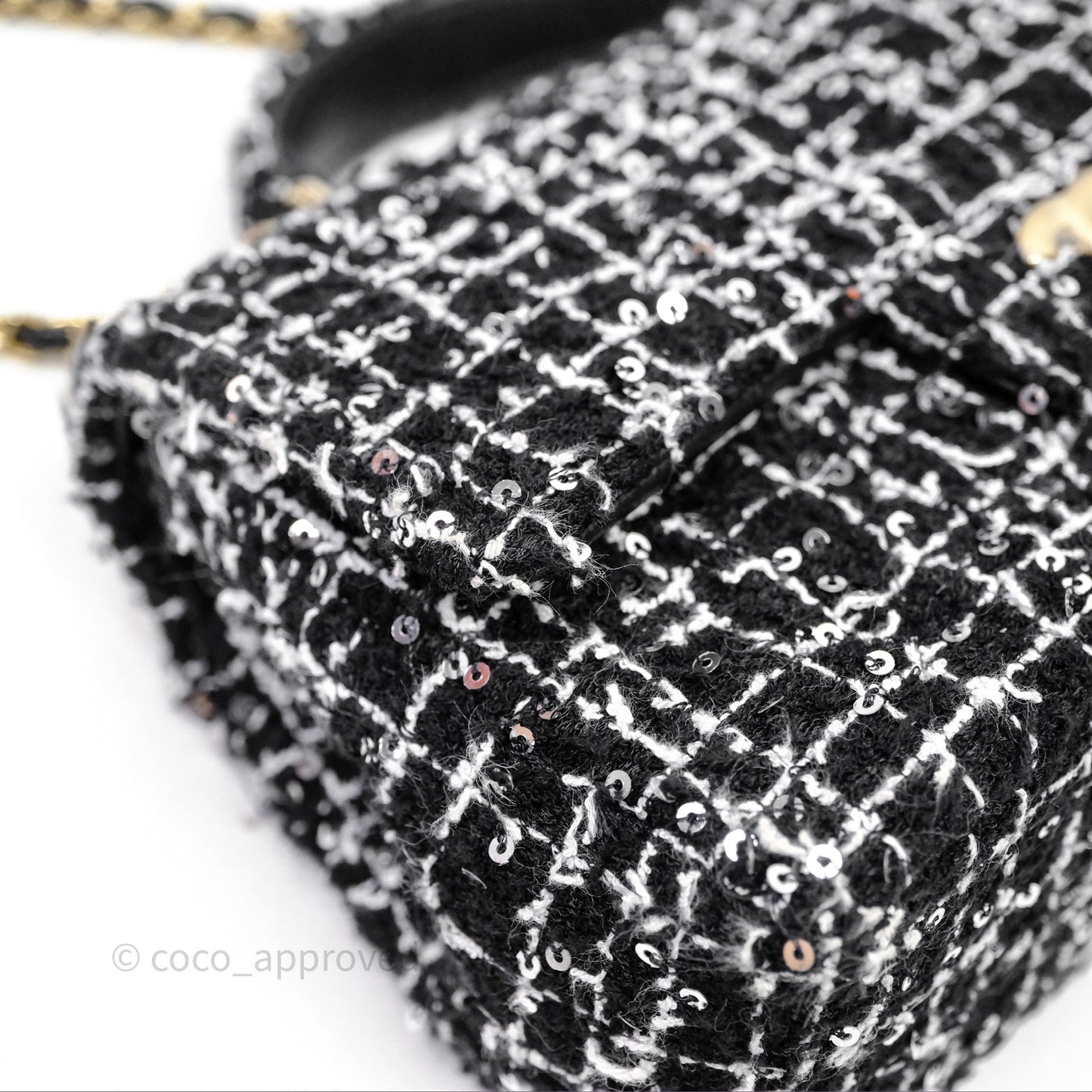 Chanel Top Handle Mini Rectangular Flap Black/ White Sequin Tweed Gold Hardware