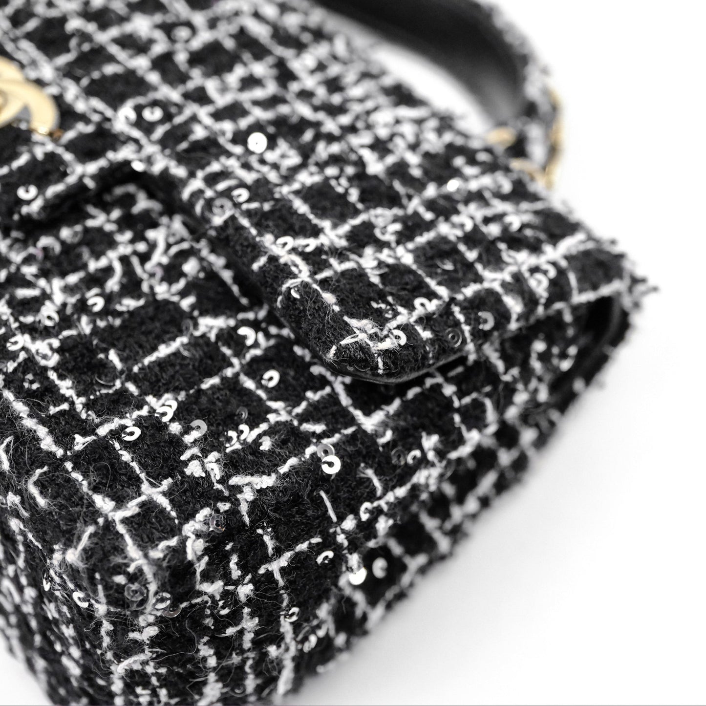 Chanel Top Handle Mini Rectangular Flap Black/ White Sequin Tweed Gold Hardware