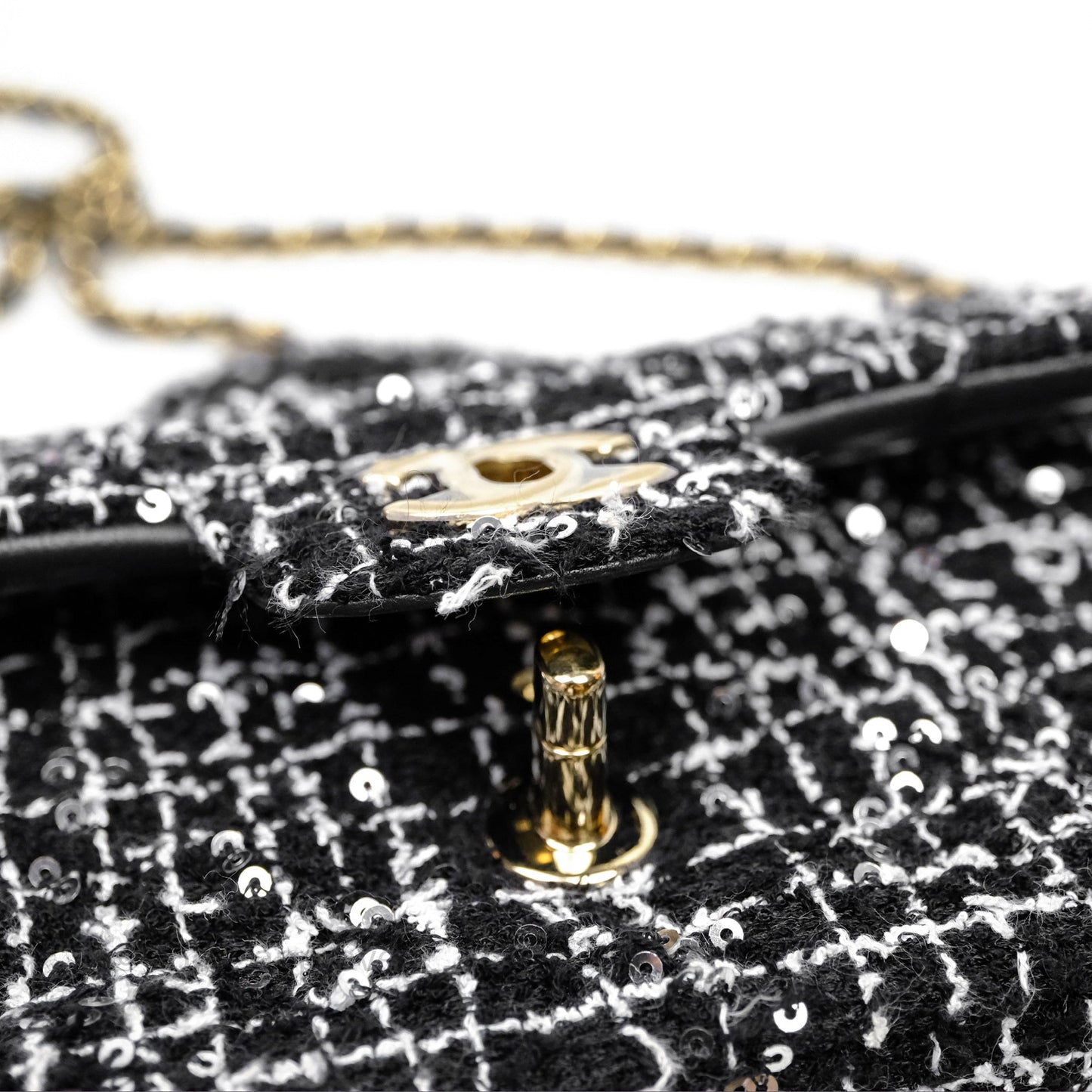 Chanel Top Handle Mini Rectangular Flap Black/ White Sequin Tweed Gold Hardware