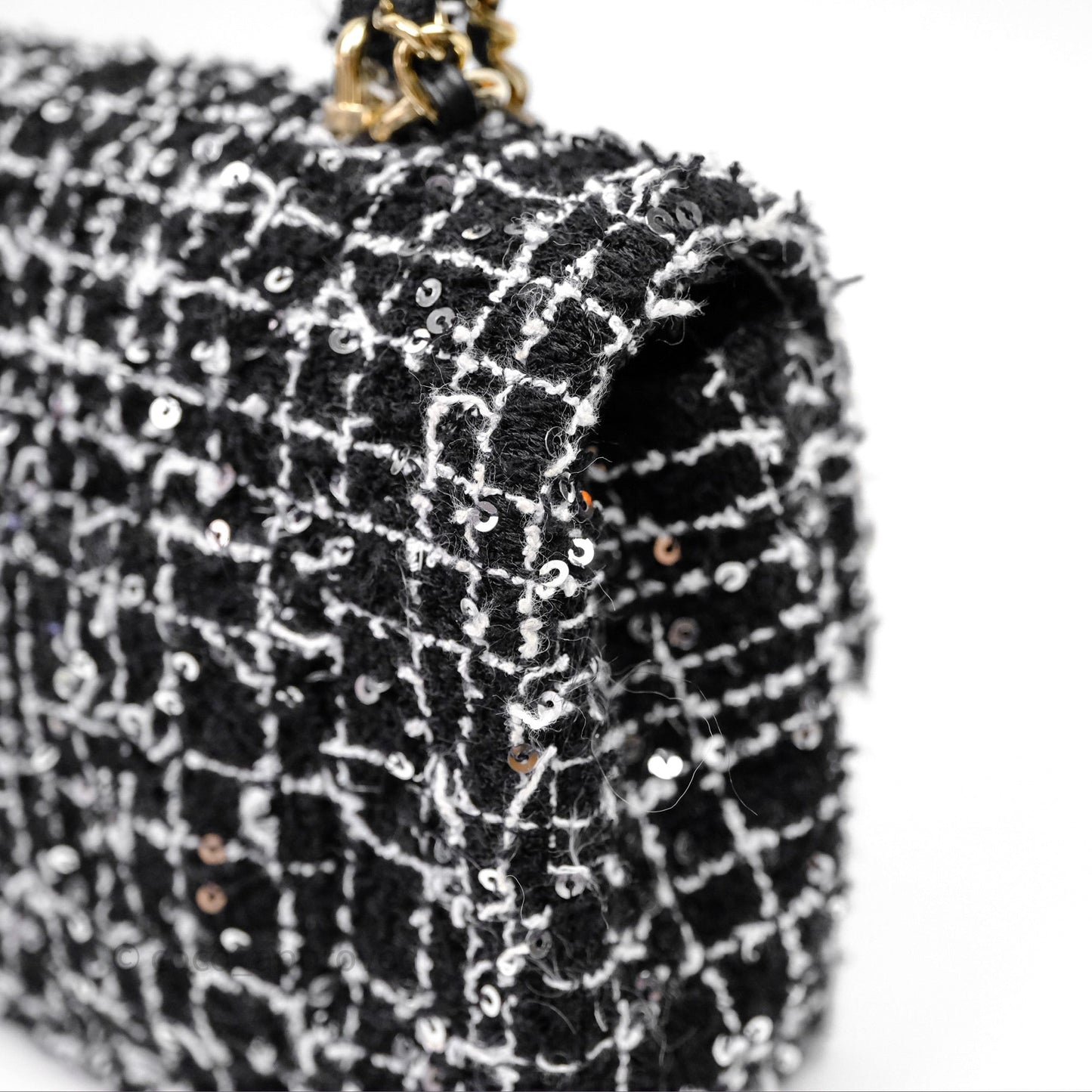 Chanel Top Handle Mini Rectangular Flap Black/ White Sequin Tweed Gold Hardware