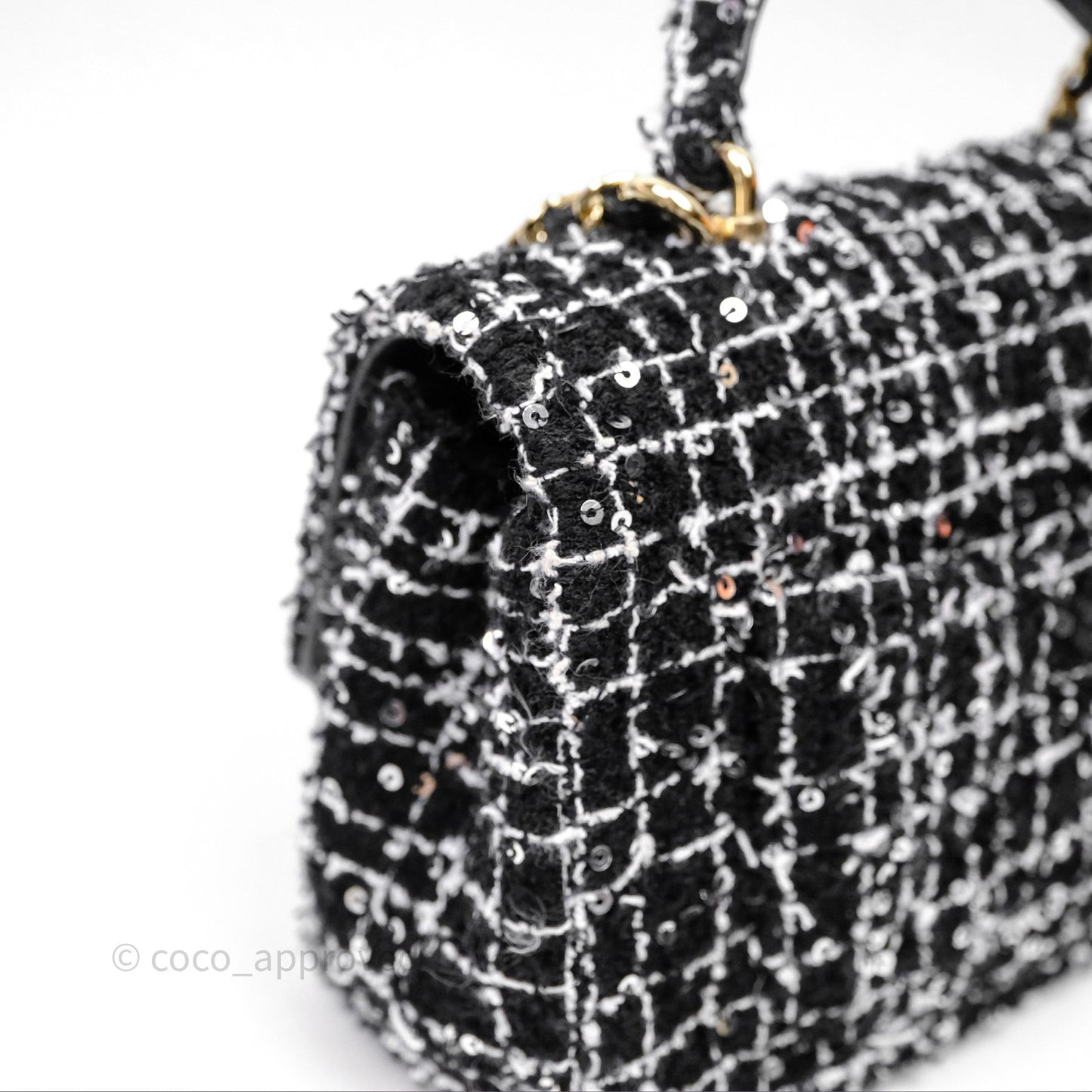 Chanel Top Handle Mini Rectangular Flap Black/ White Sequin Tweed Gold Hardware