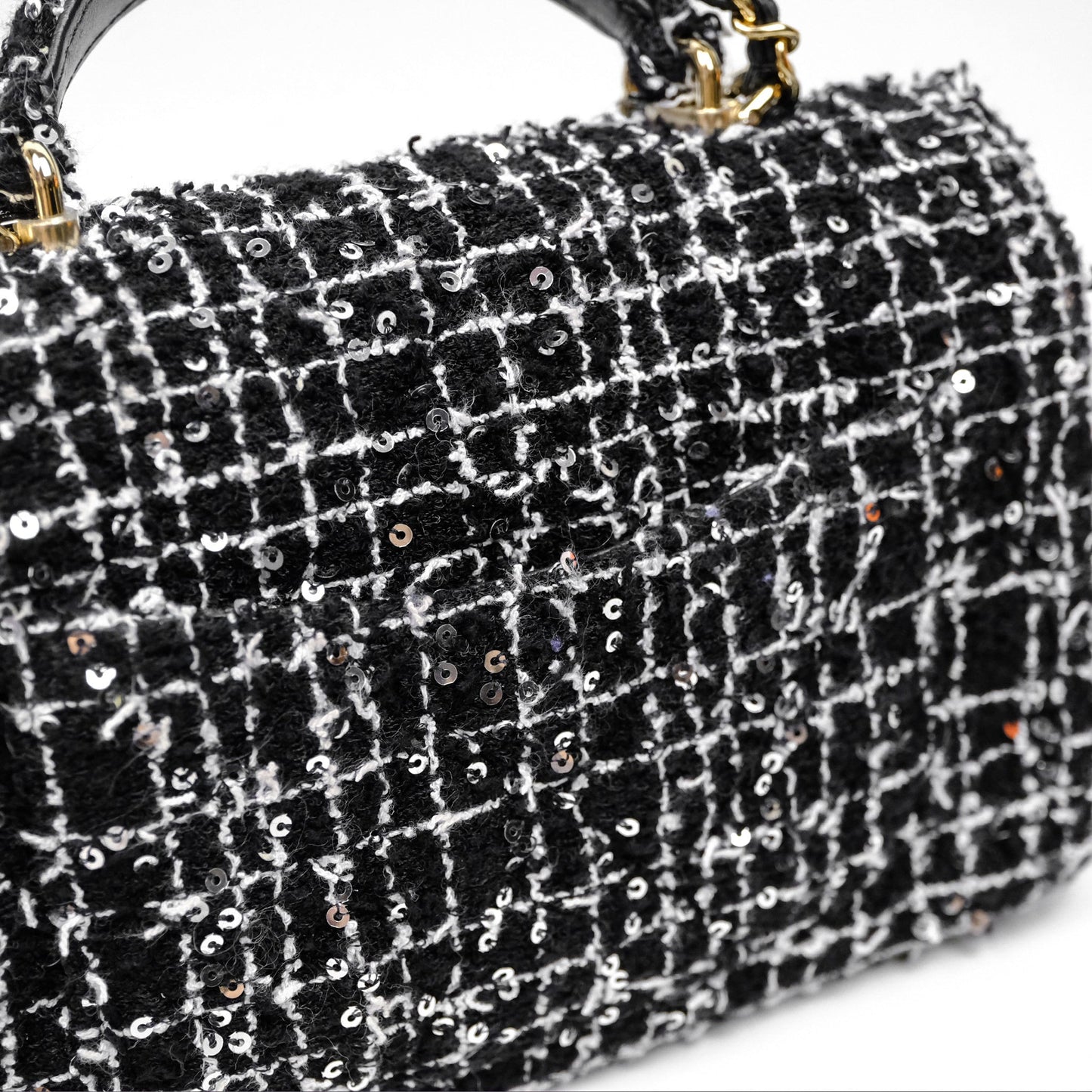 Chanel Top Handle Mini Rectangular Flap Black/ White Sequin Tweed Gold Hardware