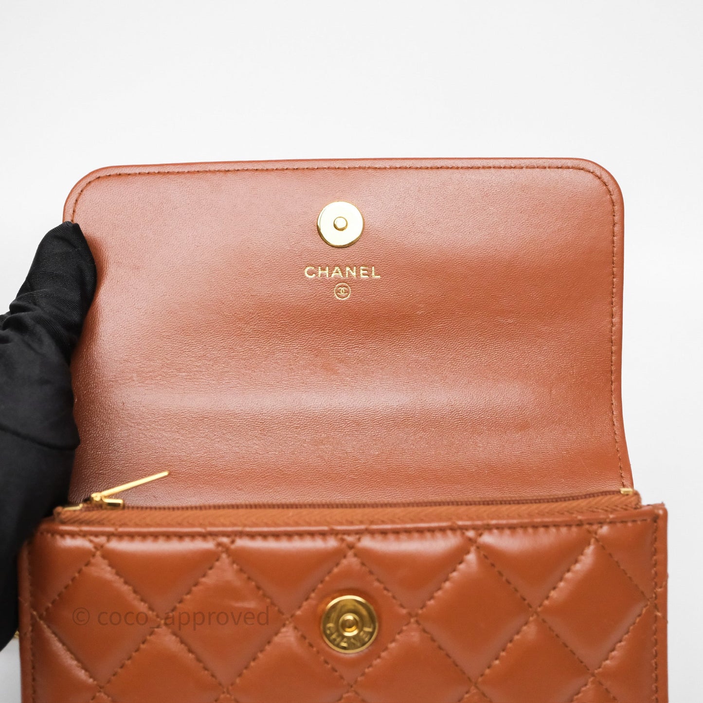Chanel Top Handle Mini WOC Phone Holder with Chain Dark Caramel Lambskin Gold Hardware