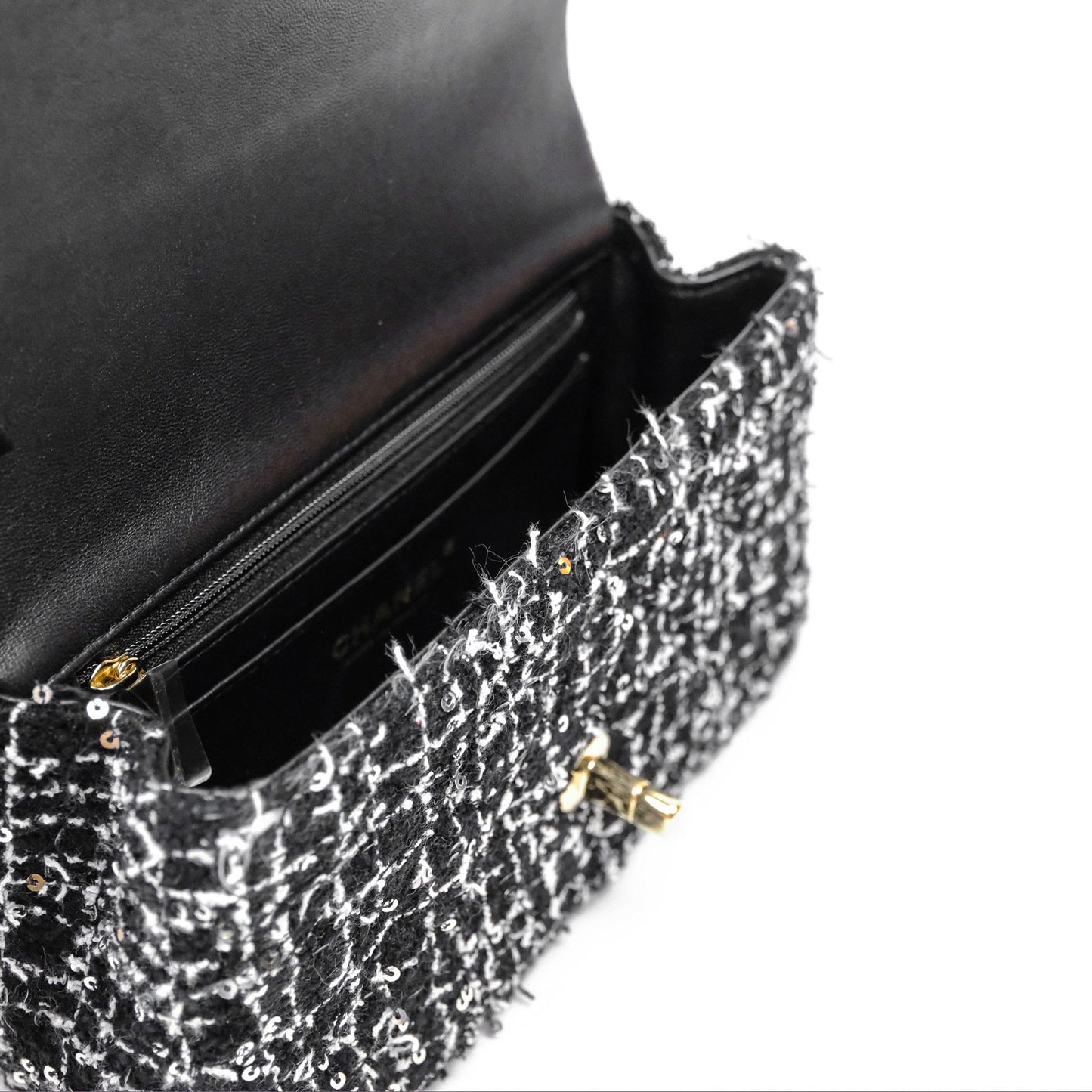 Chanel Top Handle Mini Rectangular Flap Black/ White Sequin Tweed Gold Hardware