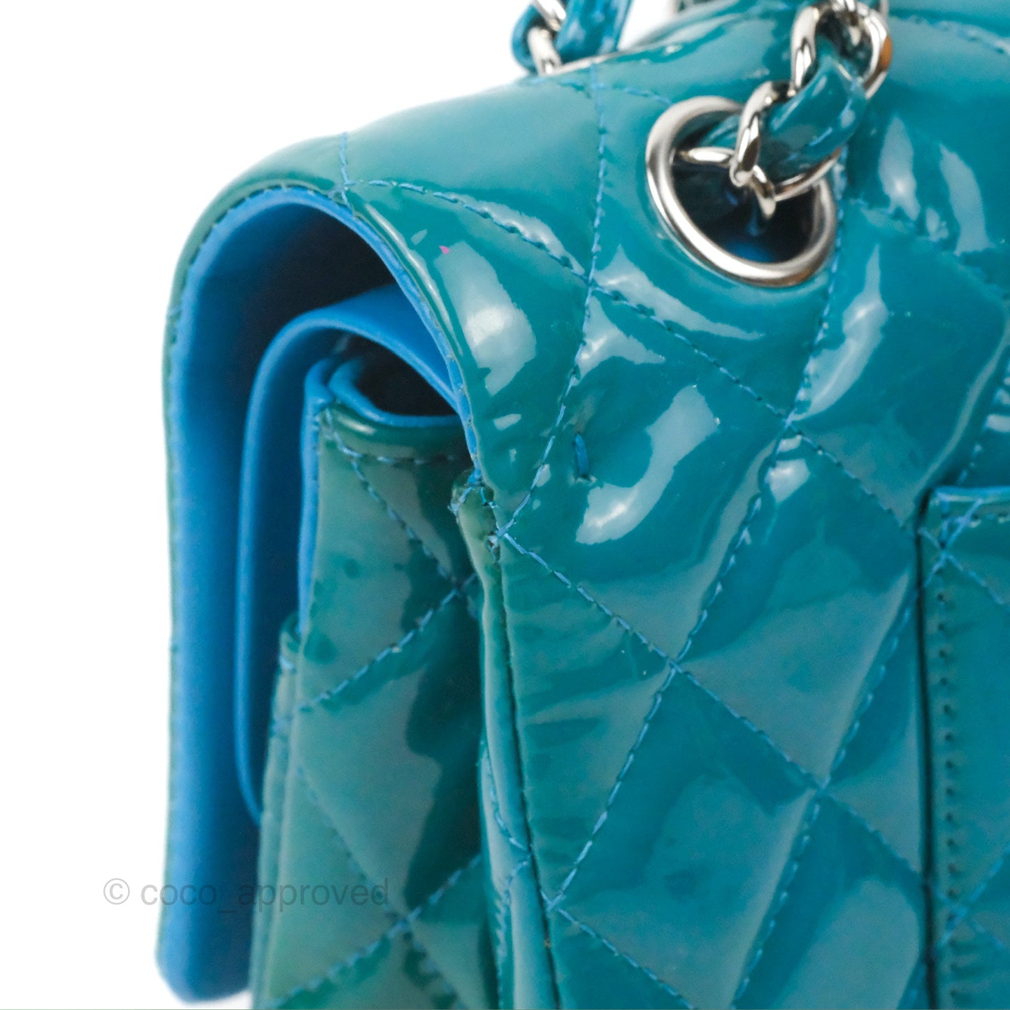 Chanel Classic M/L Medium Flap Quilted Turquoise Patent Silver Hardware