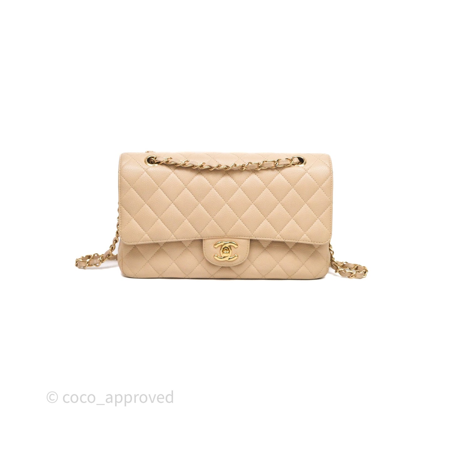 Chanel M/L Medium Classic Flap Quilted Beige Caviar Gold Hardware