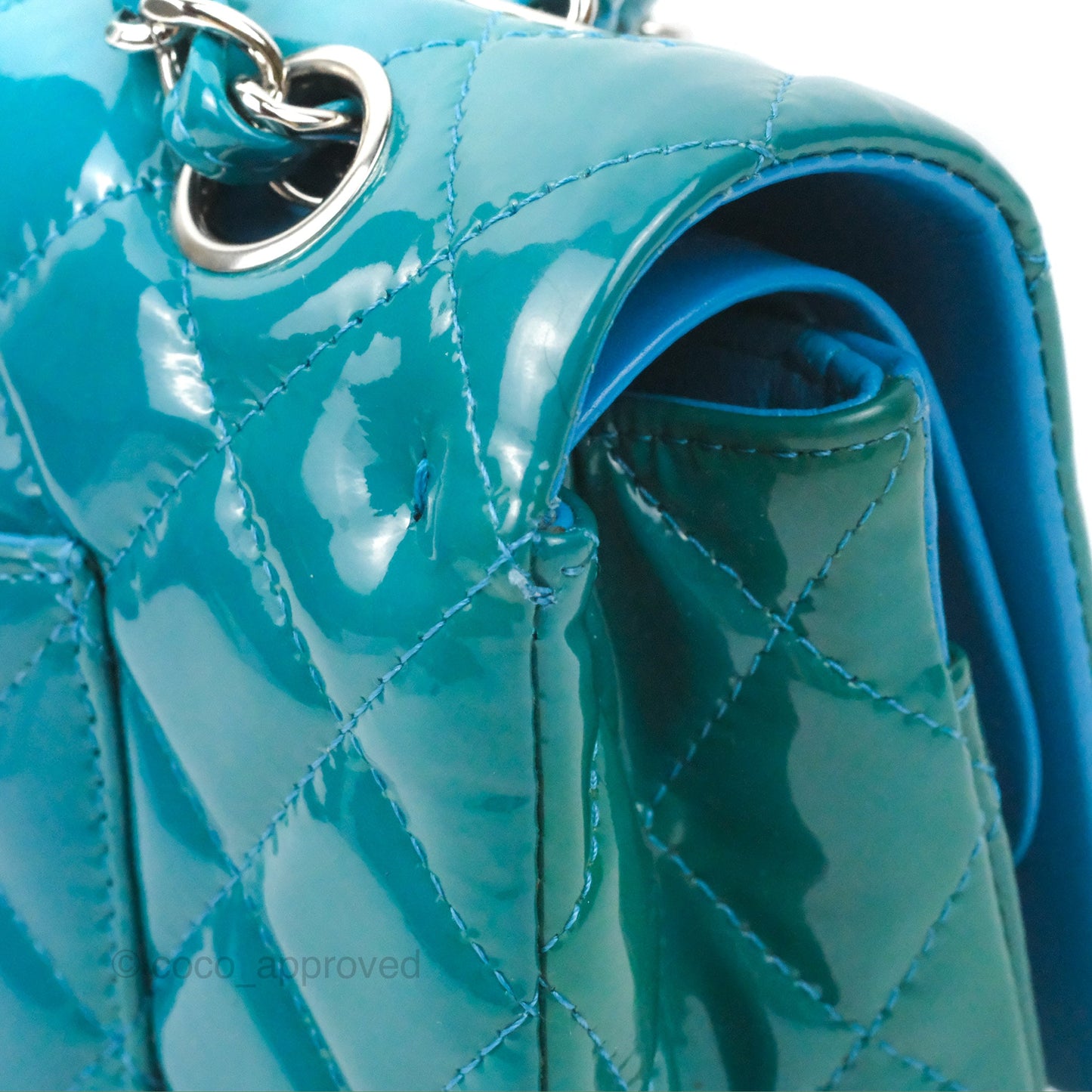 Chanel Classic M/L Medium Flap Quilted Turquoise Patent Silver Hardware