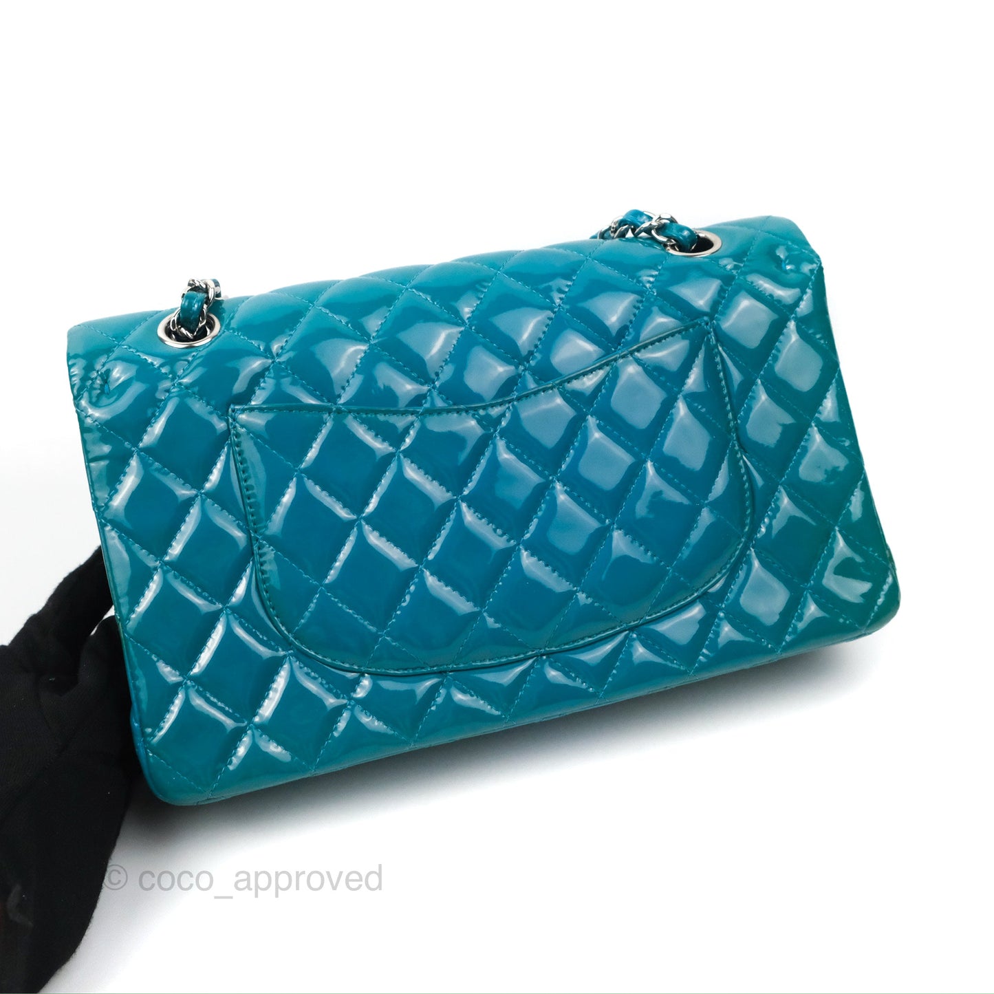 Chanel Classic M/L Medium Flap Quilted Turquoise Patent Silver Hardware