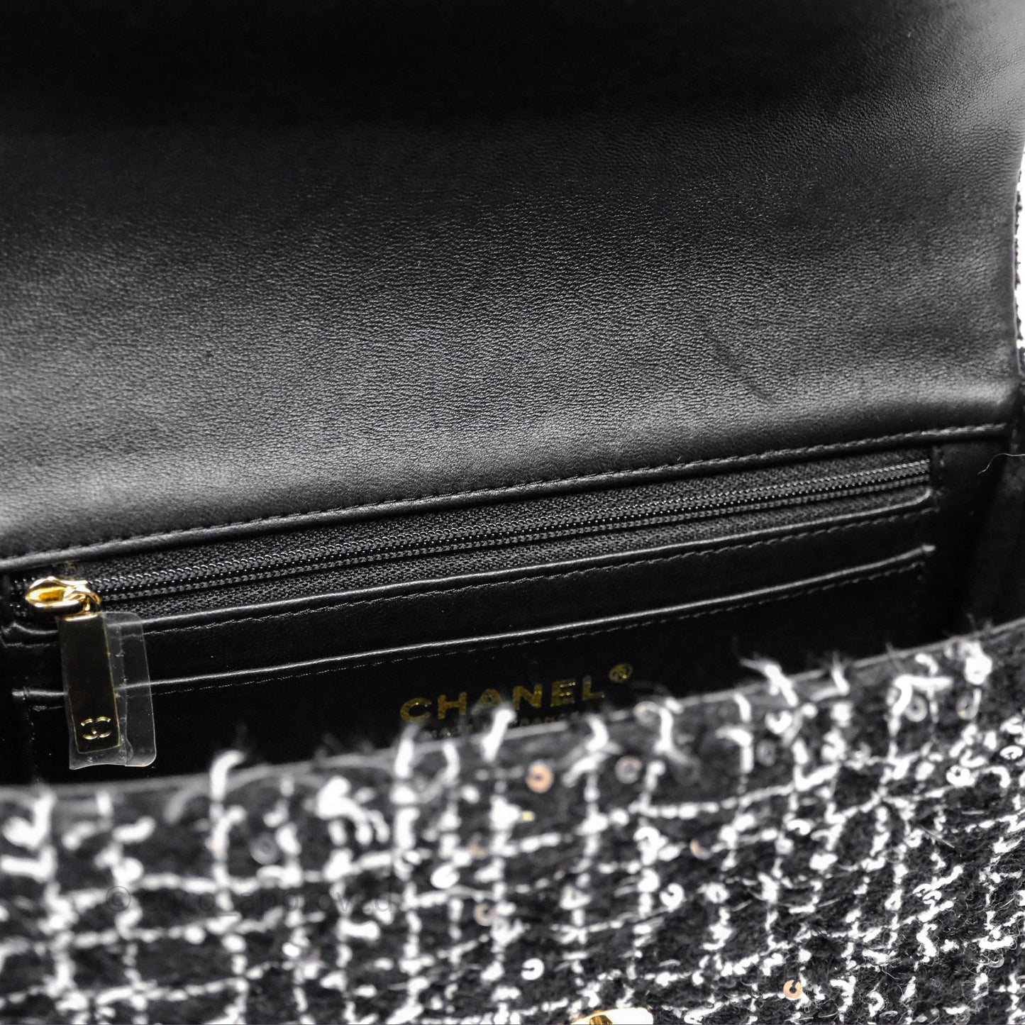 Chanel Top Handle Mini Rectangular Flap Black/ White Sequin Tweed Gold Hardware