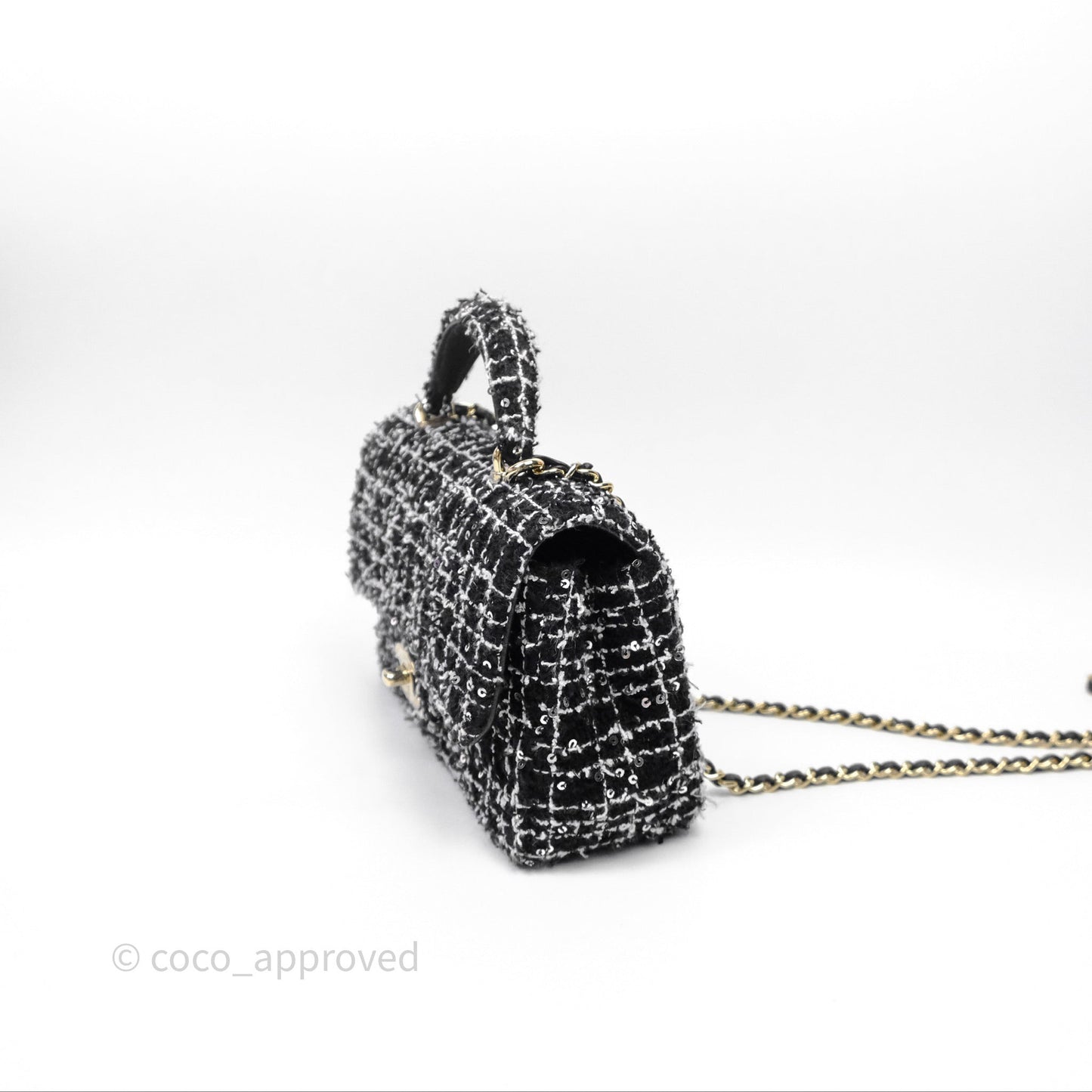 Chanel Top Handle Mini Rectangular Flap Black/ White Sequin Tweed Gold Hardware