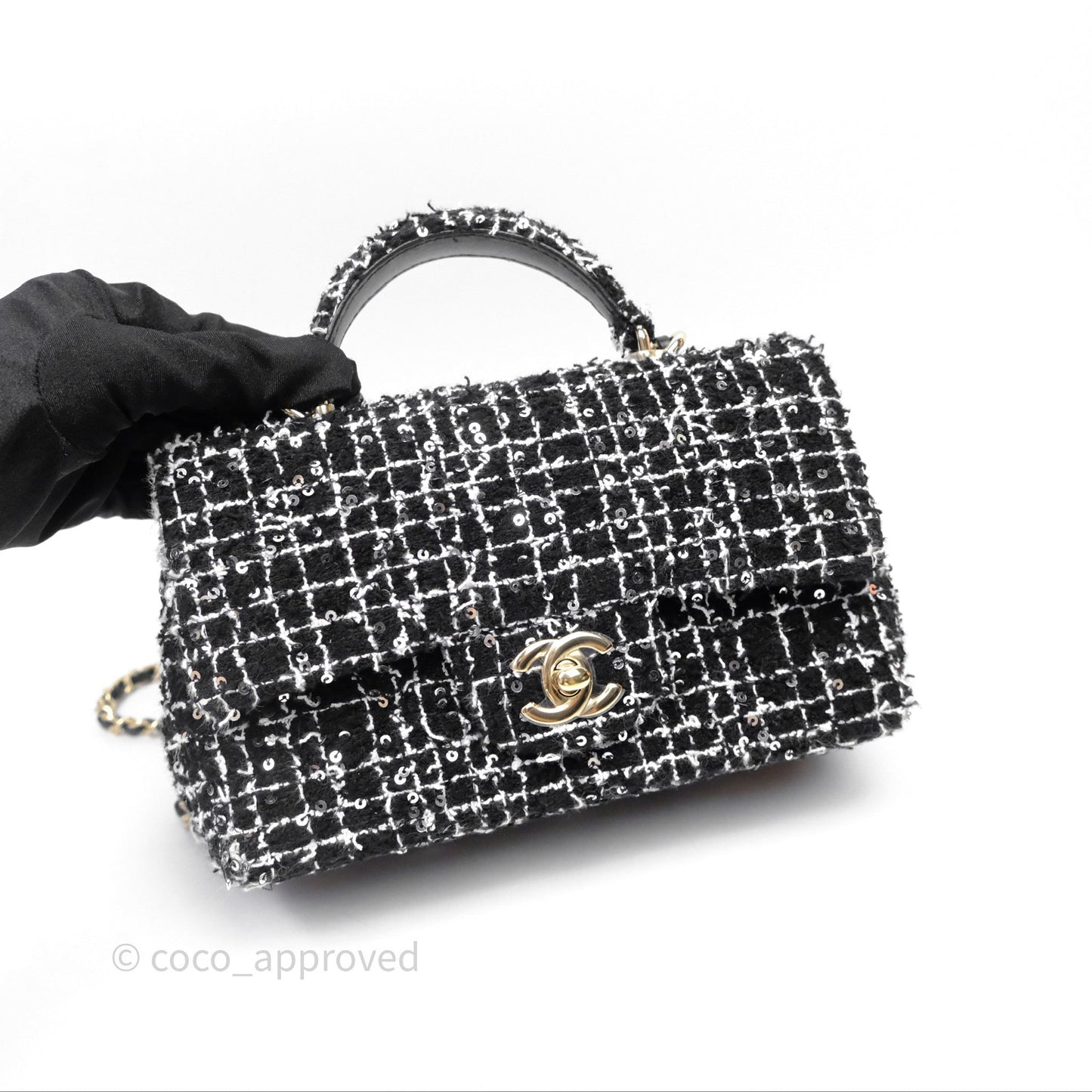 Chanel Top Handle Mini Rectangular Flap Black/ White Sequin Tweed Gold Hardware