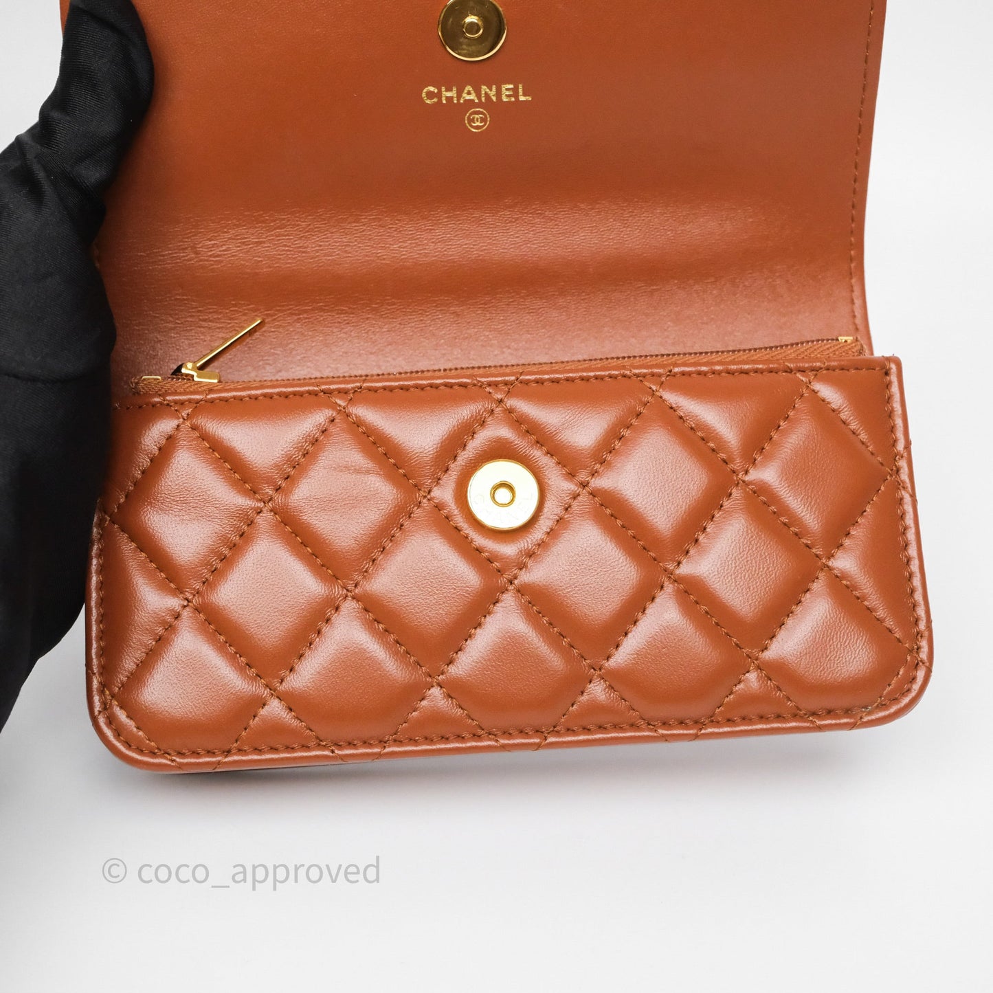 Chanel Top Handle Mini WOC Phone Holder with Chain Dark Caramel Lambskin Gold Hardware