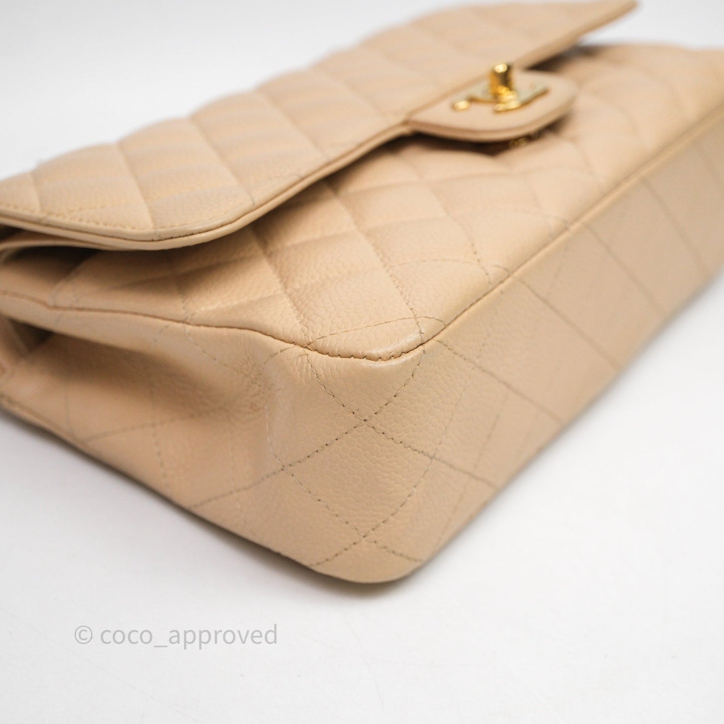 Chanel M/L Medium Classic Flap Quilted Beige Caviar Gold Hardware