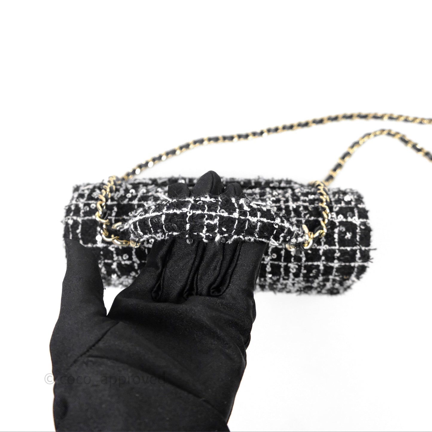 Chanel Top Handle Mini Rectangular Flap Black/ White Sequin Tweed Gold Hardware