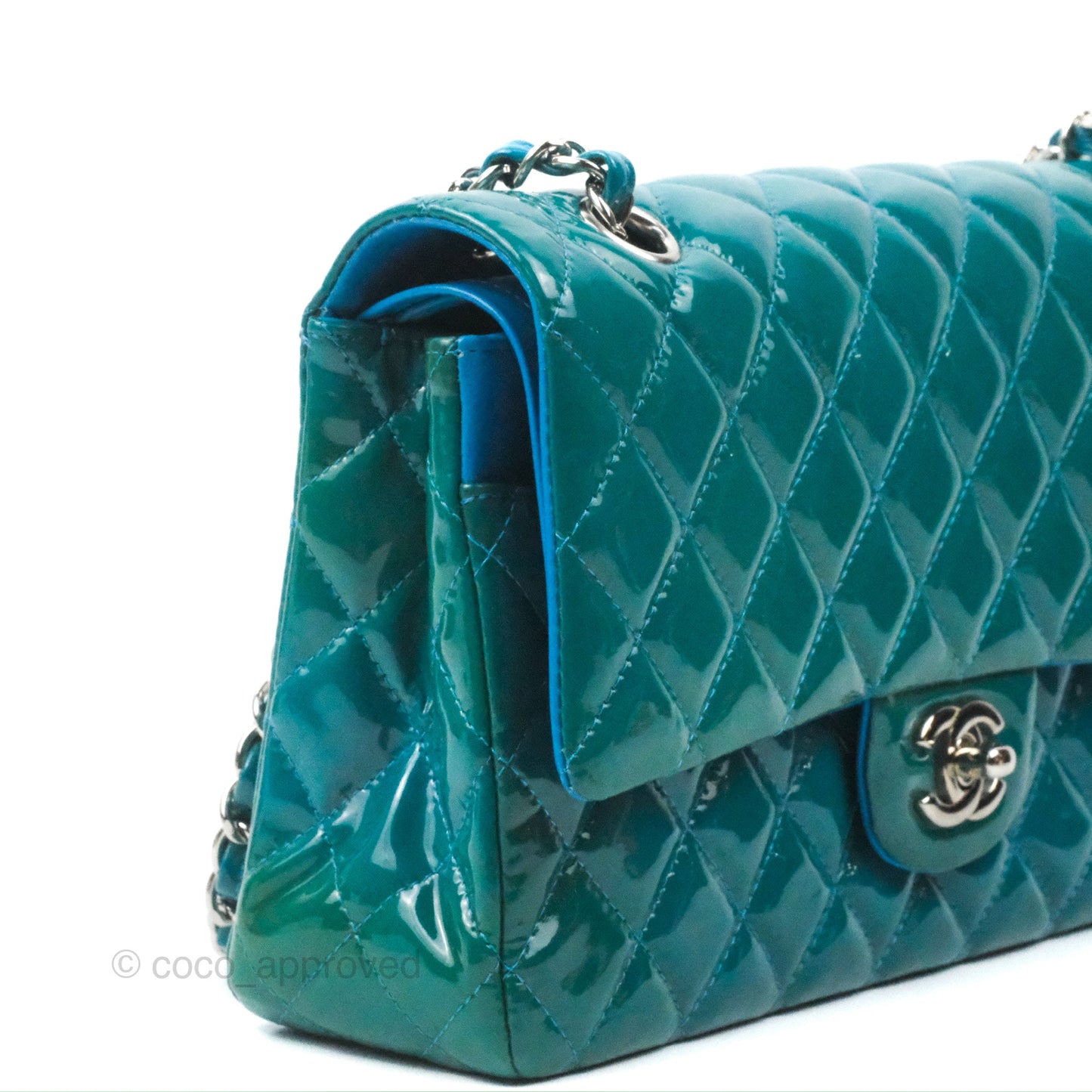Chanel Classic M/L Medium Flap Quilted Turquoise Patent Silver Hardware