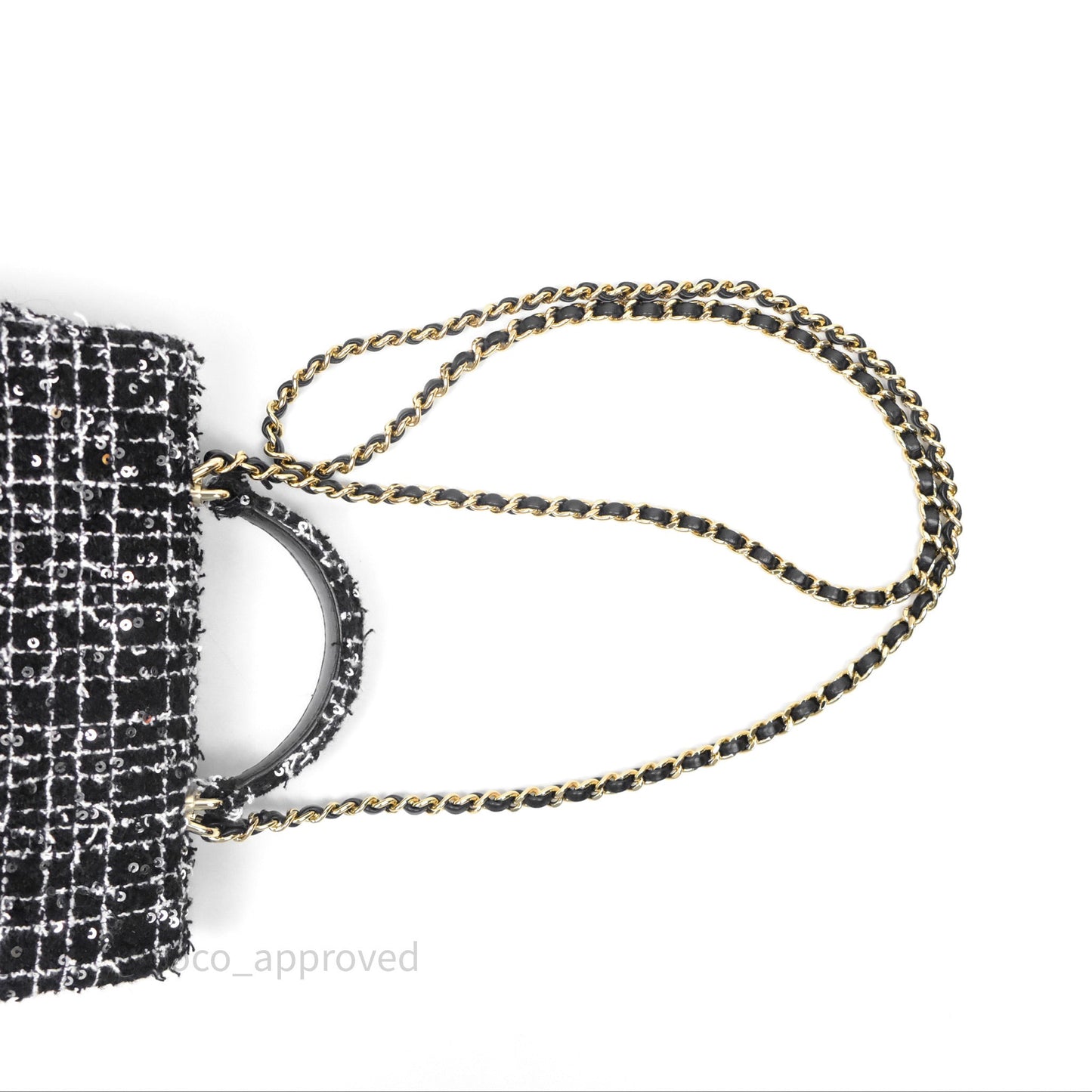 Chanel Top Handle Mini Rectangular Flap Black/ White Sequin Tweed Gold Hardware