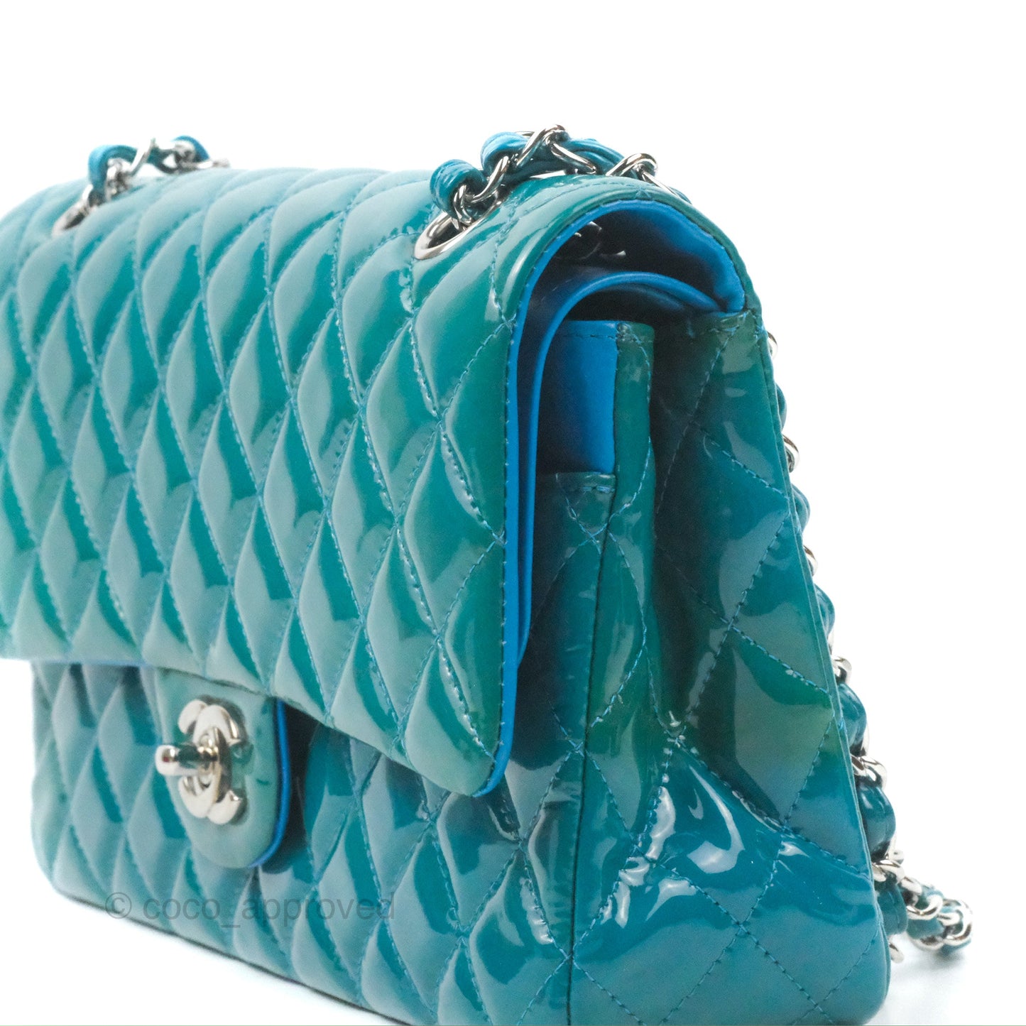 Chanel Classic M/L Medium Flap Quilted Turquoise Patent Silver Hardware