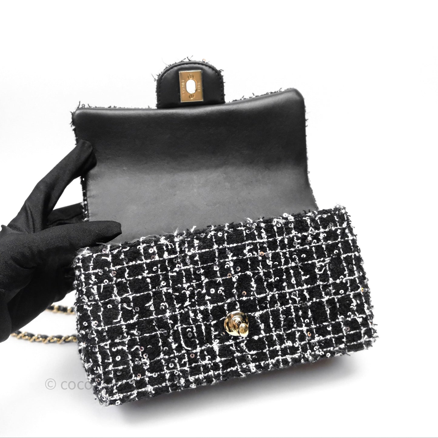 Chanel Top Handle Mini Rectangular Flap Black/ White Sequin Tweed Gold Hardware