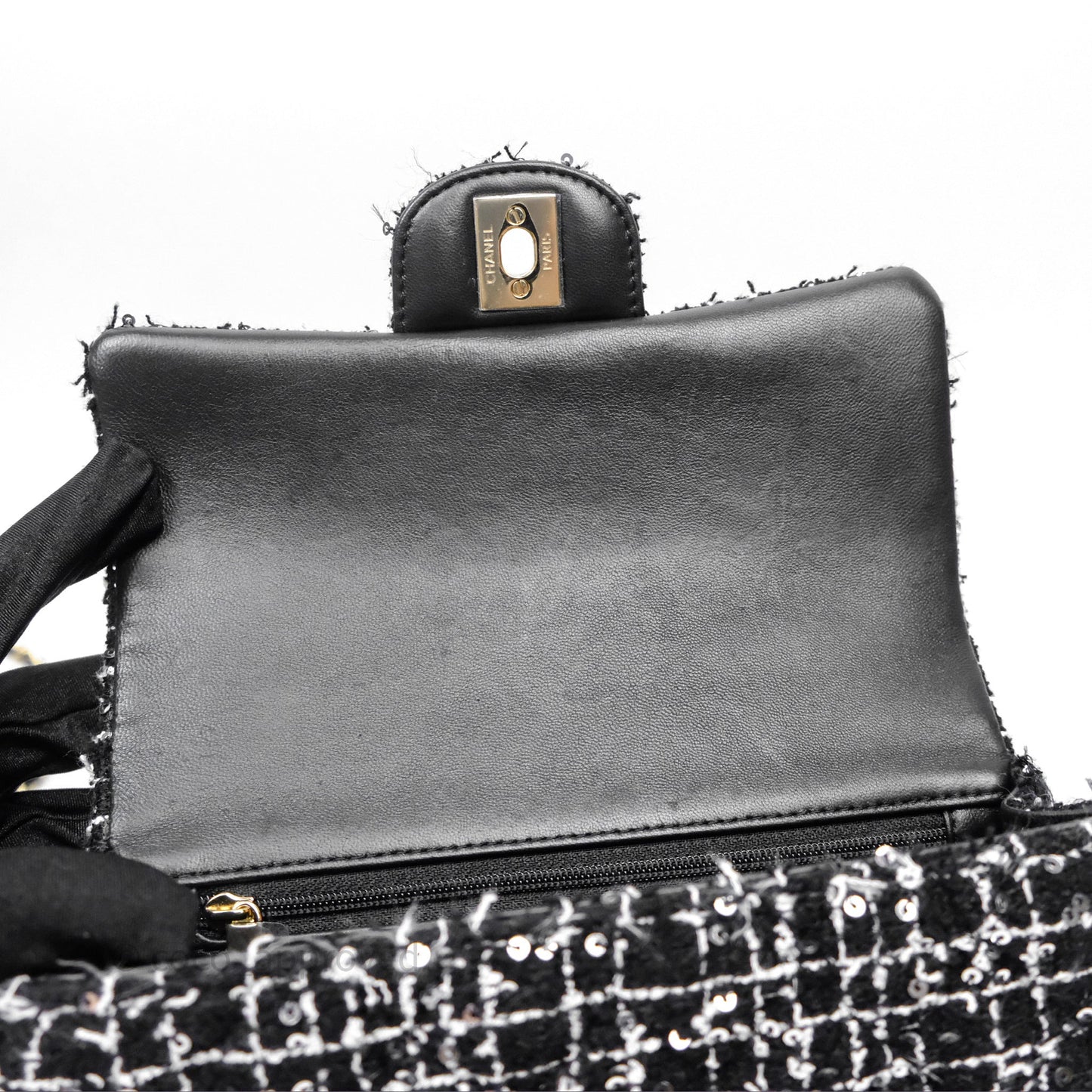 Chanel Top Handle Mini Rectangular Flap Black/ White Sequin Tweed Gold Hardware
