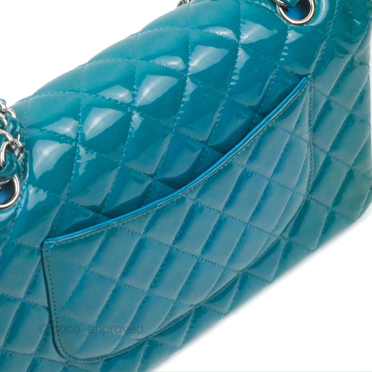 Chanel Classic M/L Medium Flap Quilted Turquoise Patent Silver Hardware