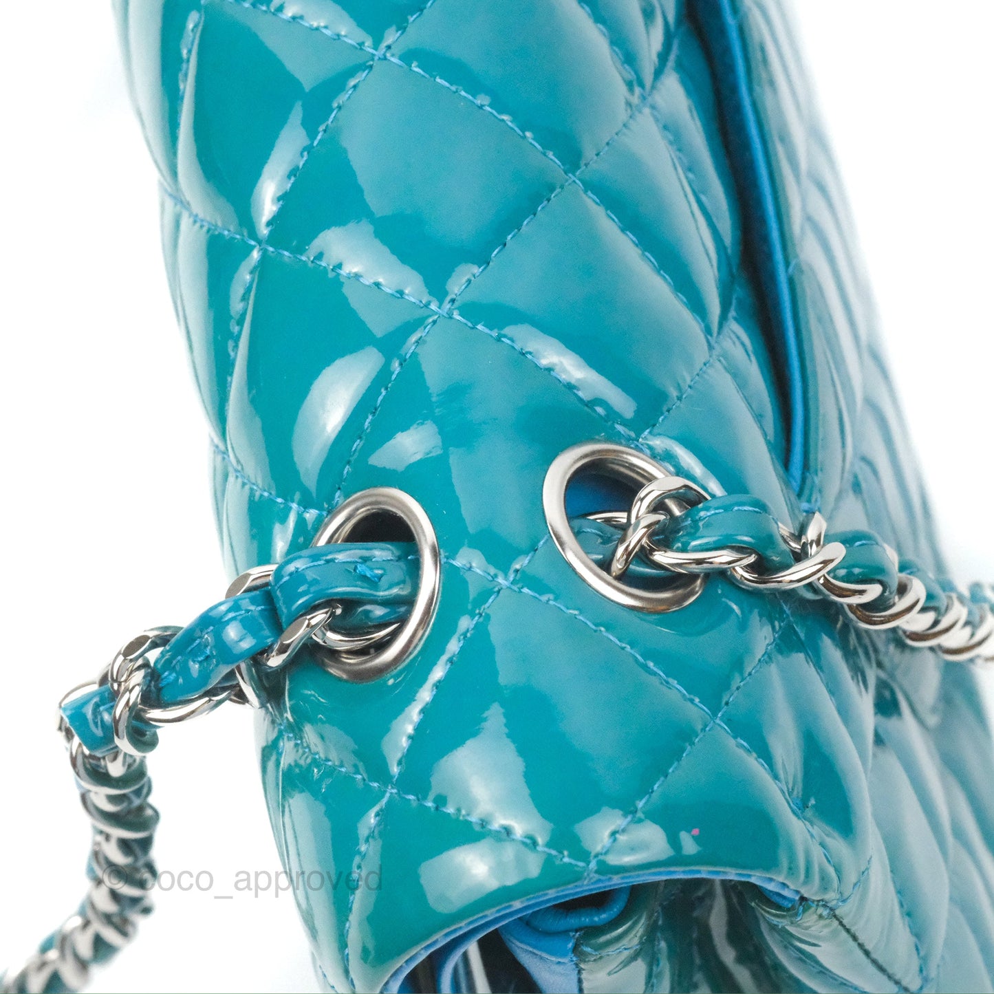 Chanel Classic M/L Medium Flap Quilted Turquoise Patent Silver Hardware