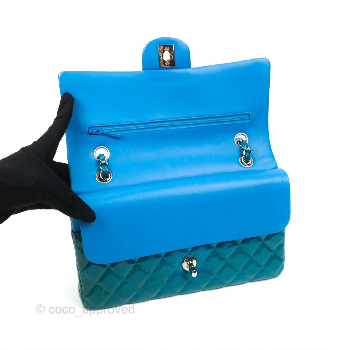 Chanel Classic M/L Medium Flap Quilted Turquoise Patent Silver Hardware