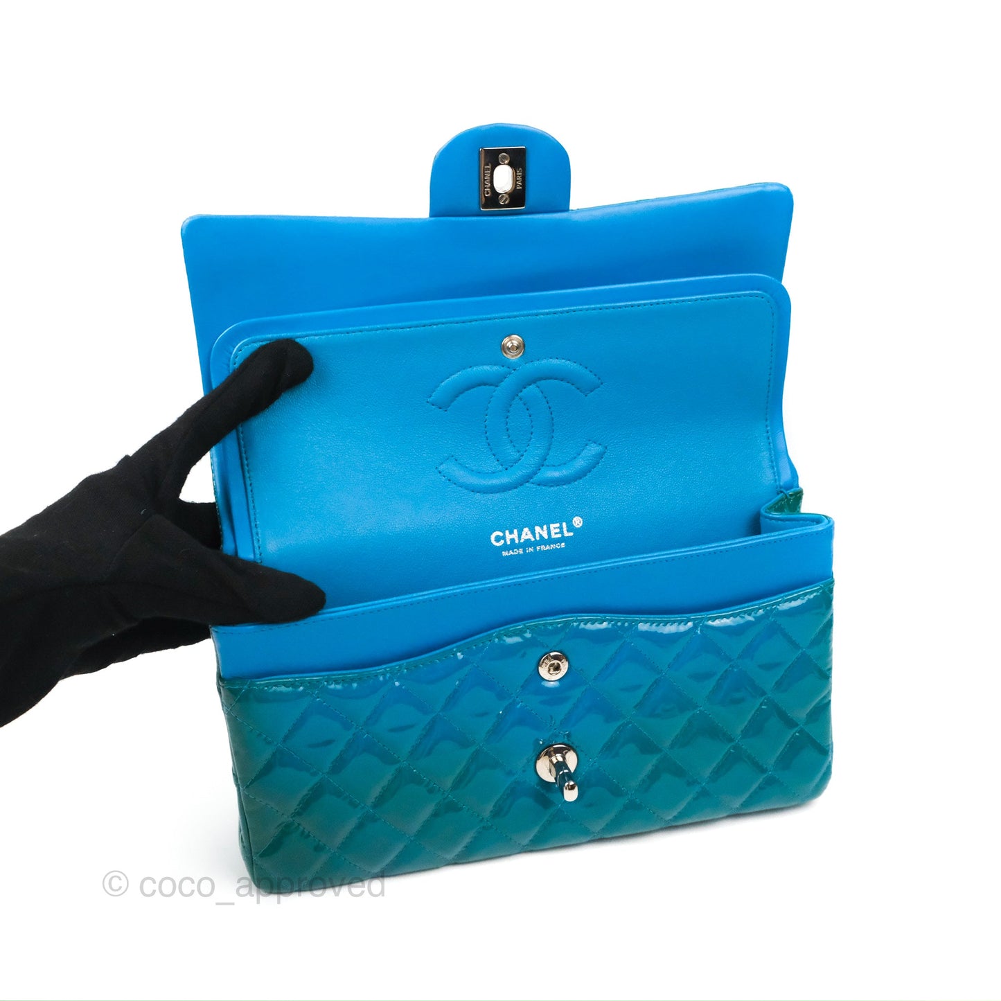 Chanel Classic M/L Medium Flap Quilted Turquoise Patent Silver Hardware
