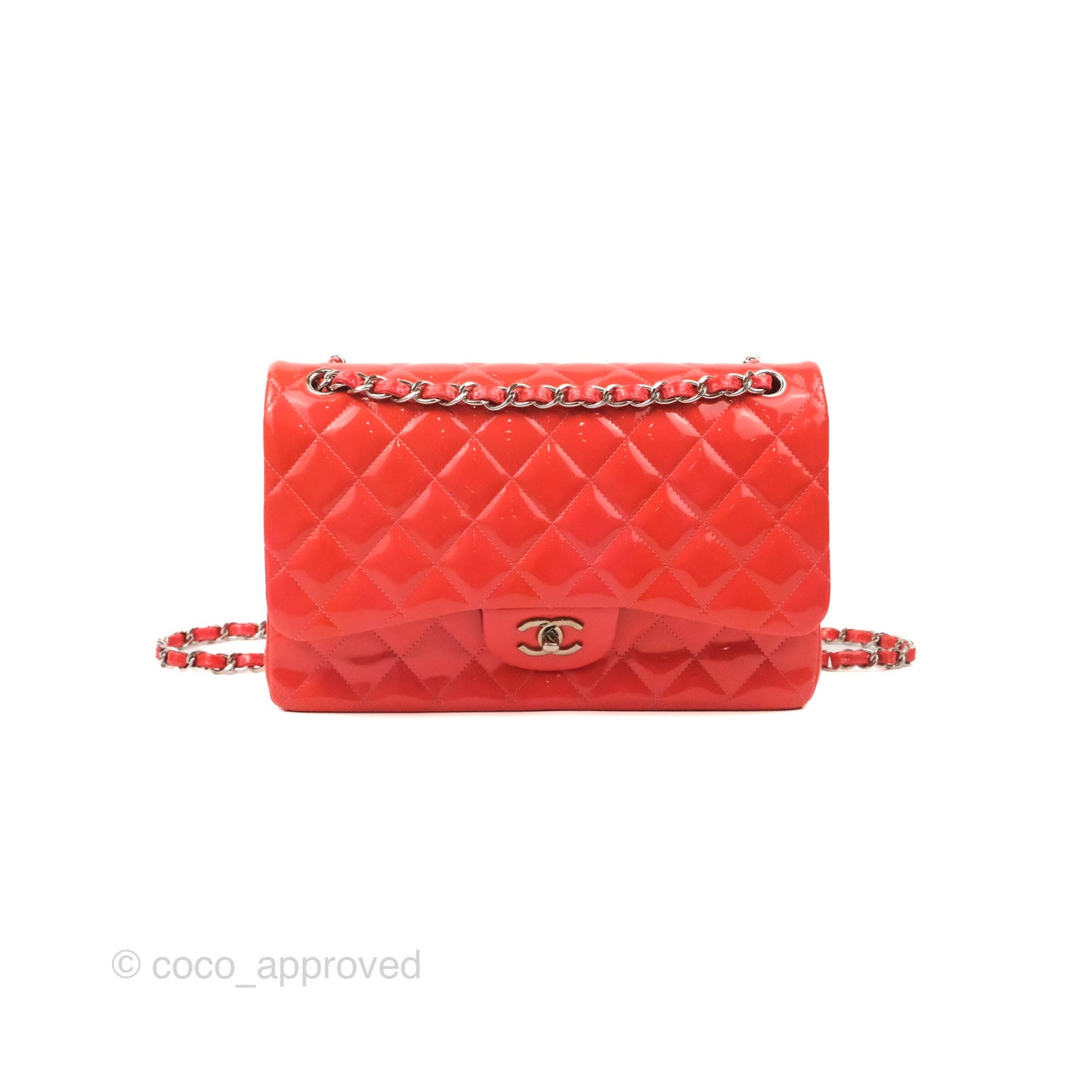 Chanel Jumbo Double Flap Coral Pink Patent Silver Hardware⁣⁣