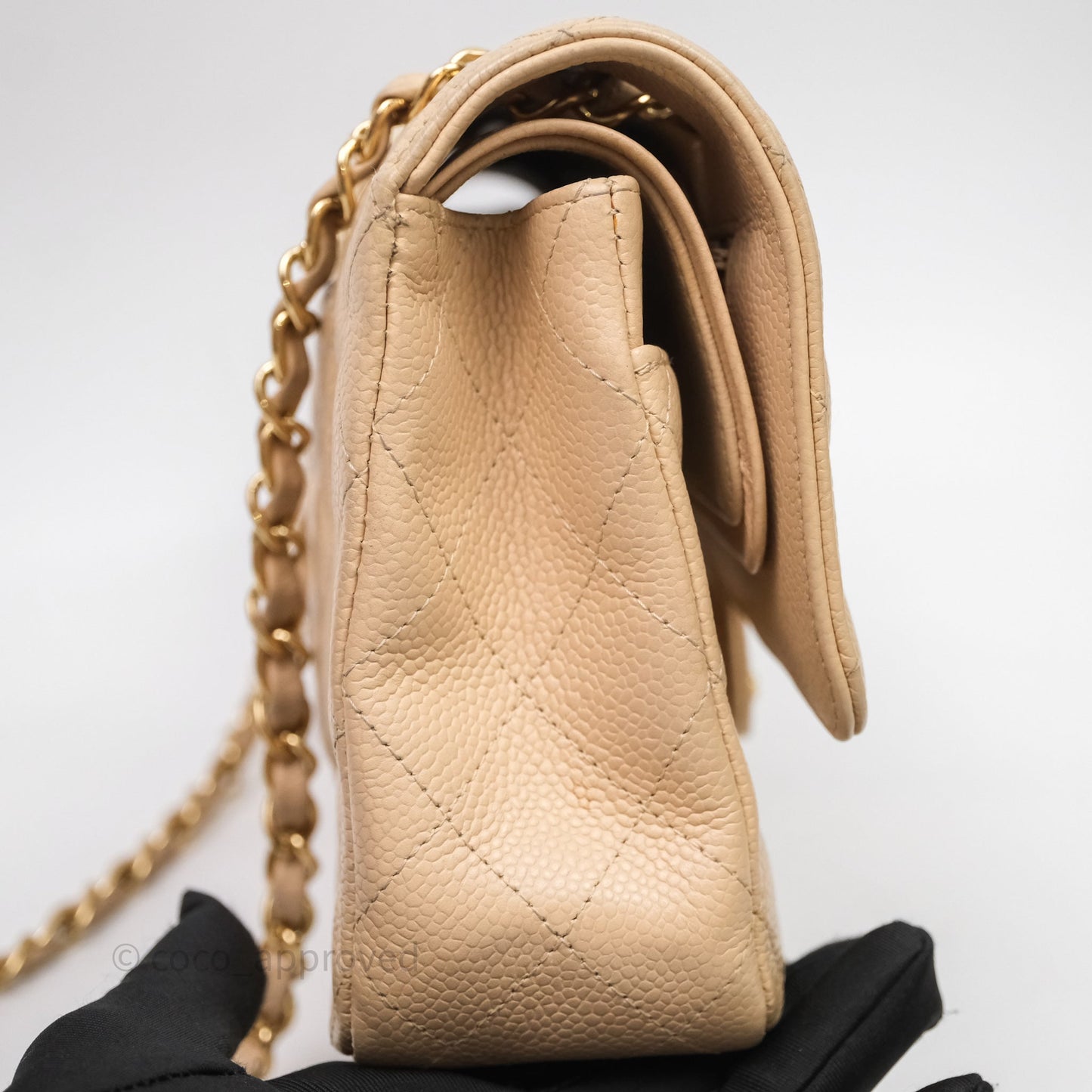 Chanel M/L Medium Classic Flap Quilted Beige Caviar Gold Hardware