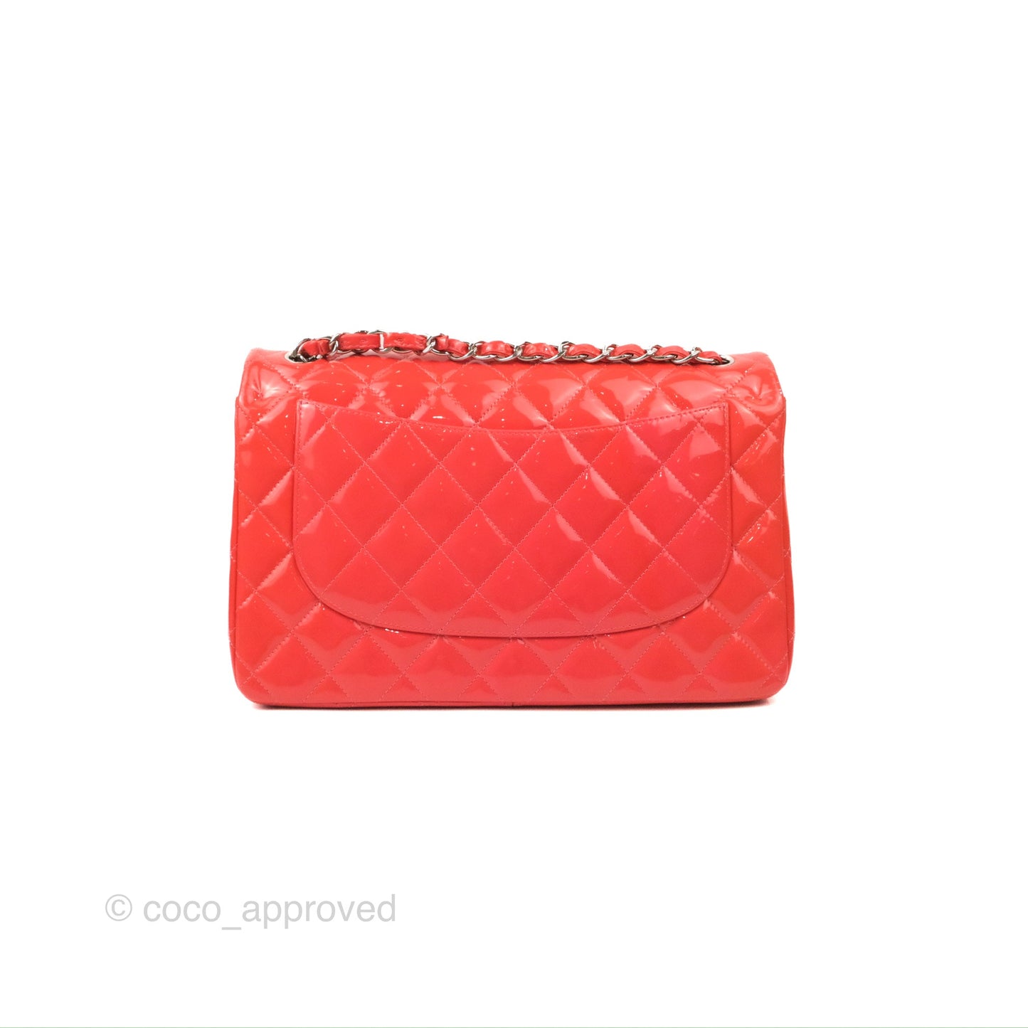 Chanel Jumbo Double Flap Coral Pink Patent Silver Hardware⁣⁣