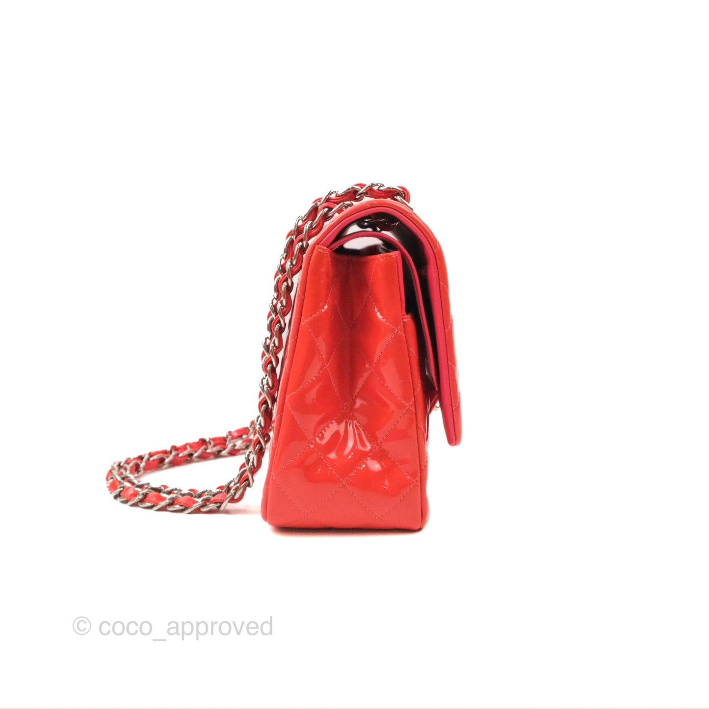 Chanel Jumbo Double Flap Coral Pink Patent Silver Hardware⁣⁣