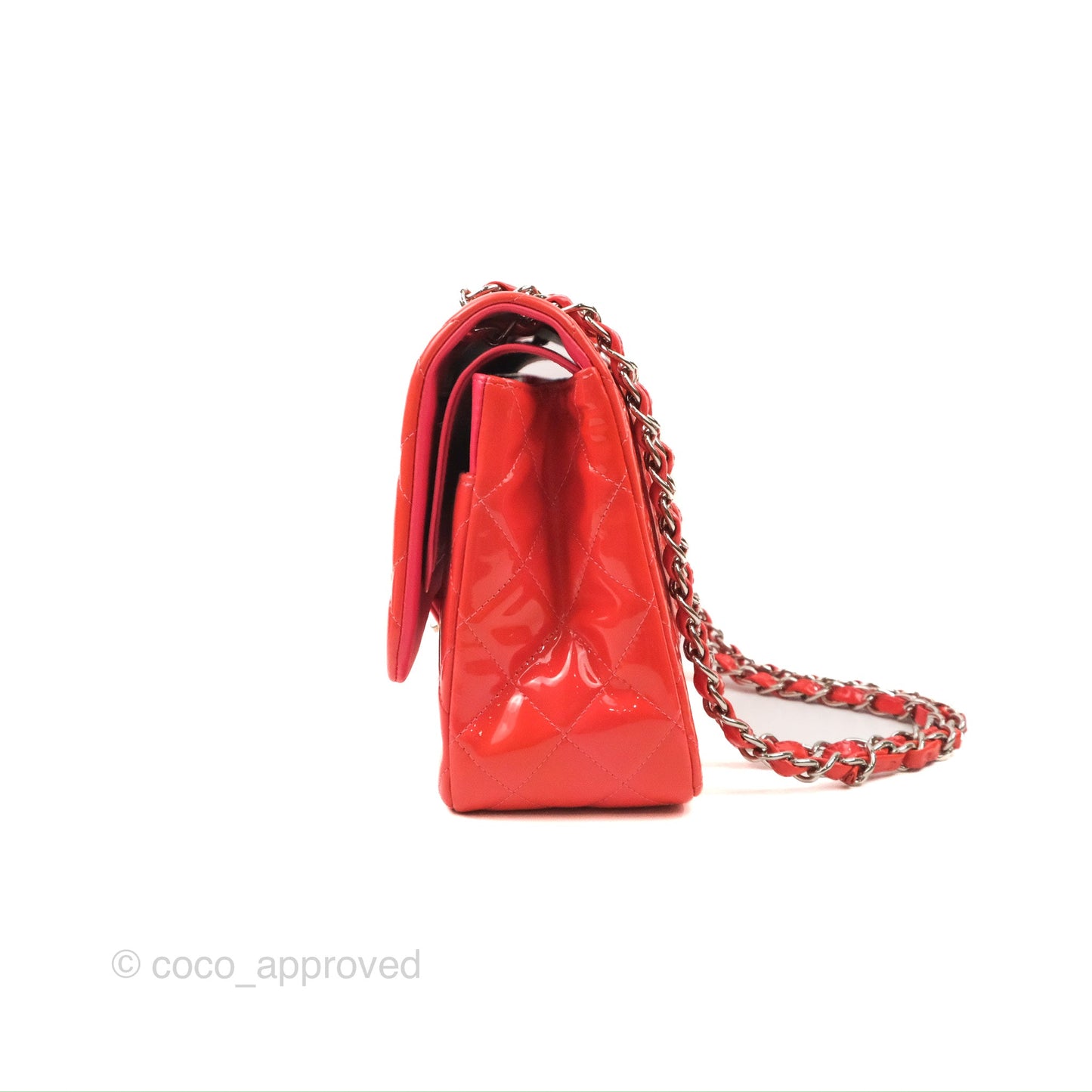 Chanel Jumbo Double Flap Coral Pink Patent Silver Hardware⁣⁣