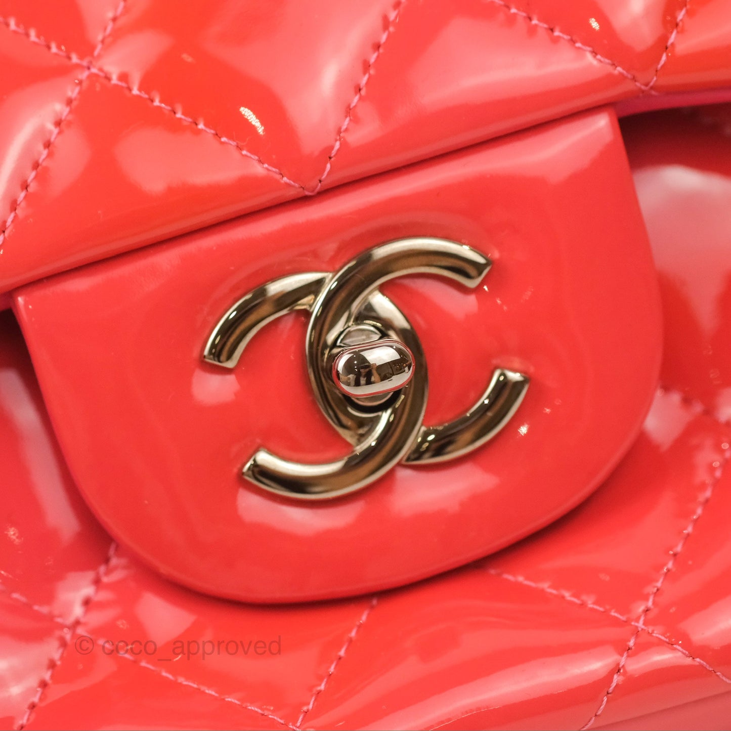 Chanel Jumbo Double Flap Coral Pink Patent Silver Hardware⁣⁣