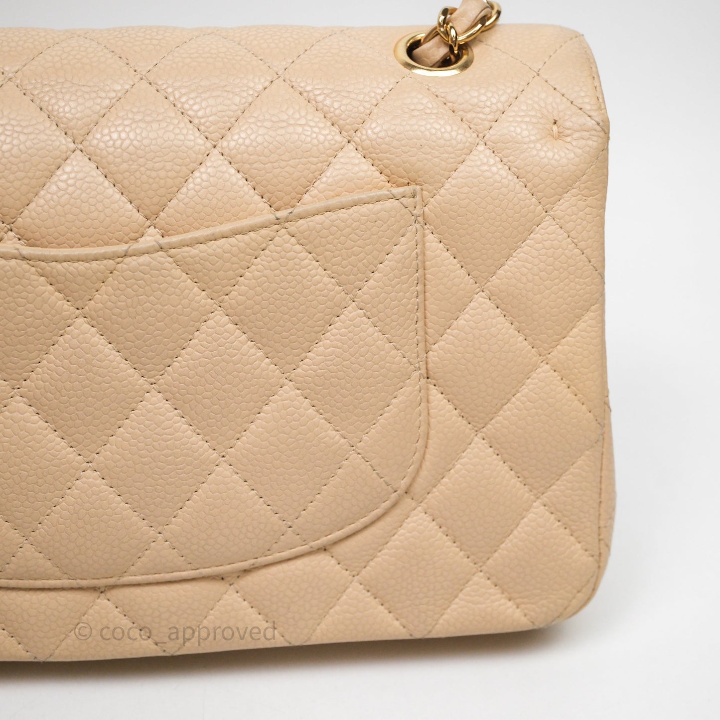 Chanel M/L Medium Classic Flap Quilted Beige Caviar Gold Hardware