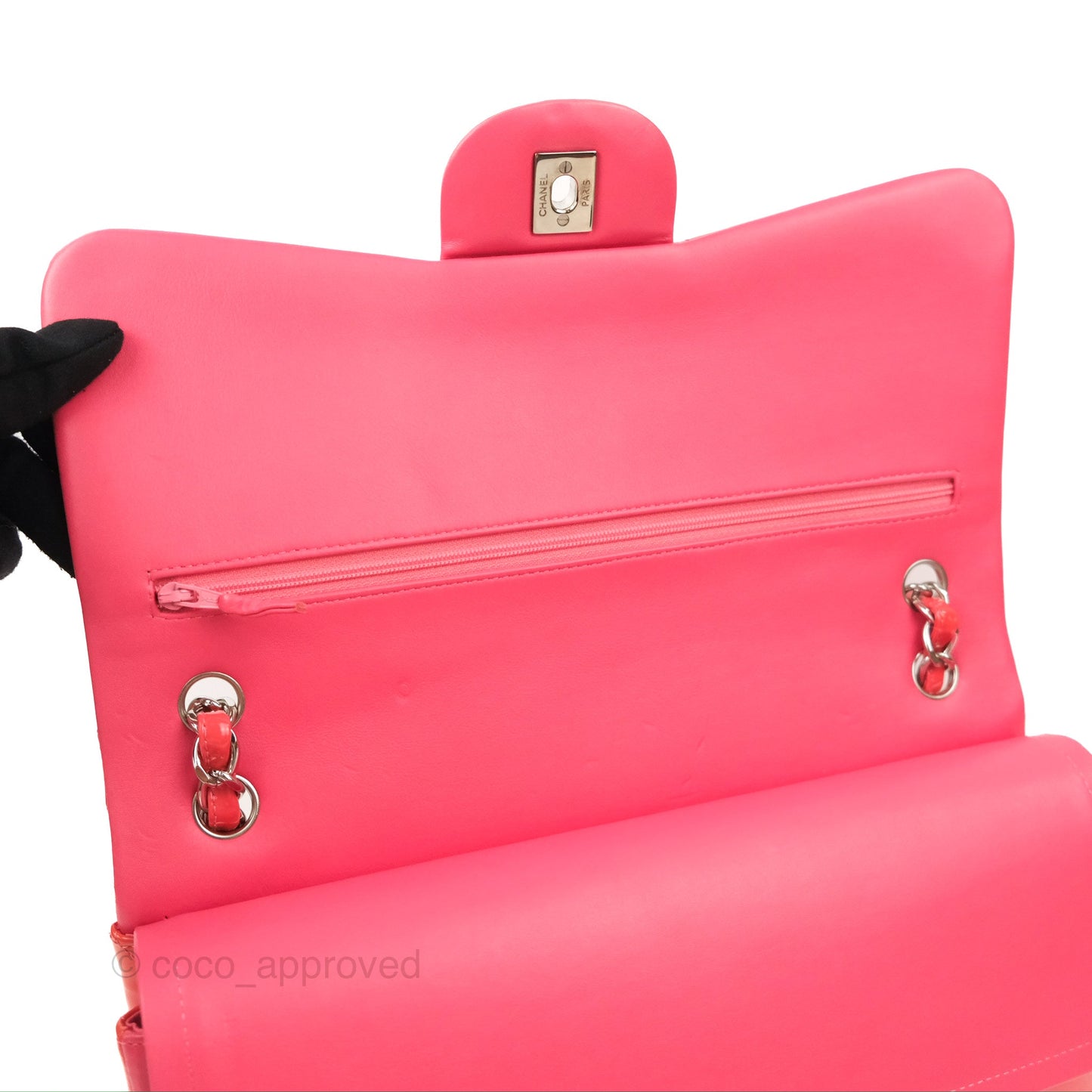 Chanel Jumbo Double Flap Coral Pink Patent Silver Hardware⁣⁣