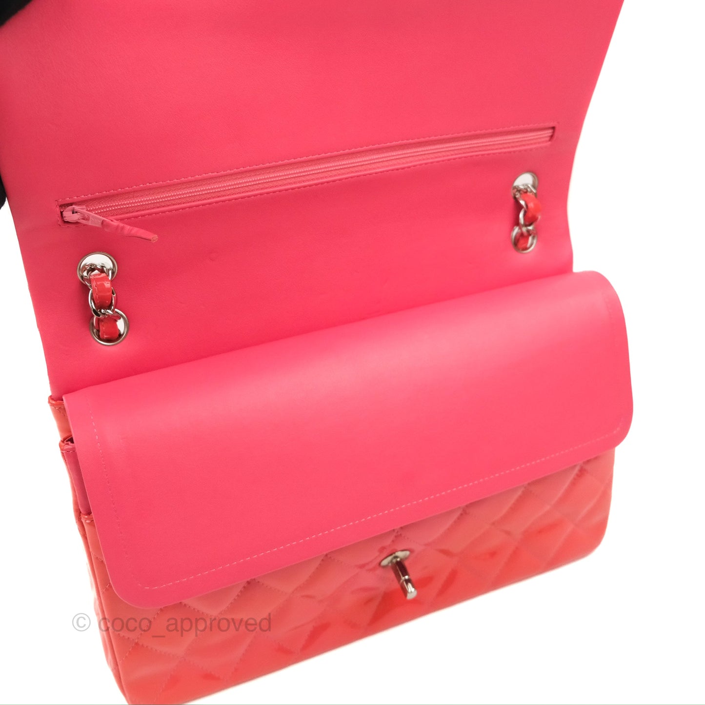 Chanel Jumbo Double Flap Coral Pink Patent Silver Hardware⁣⁣