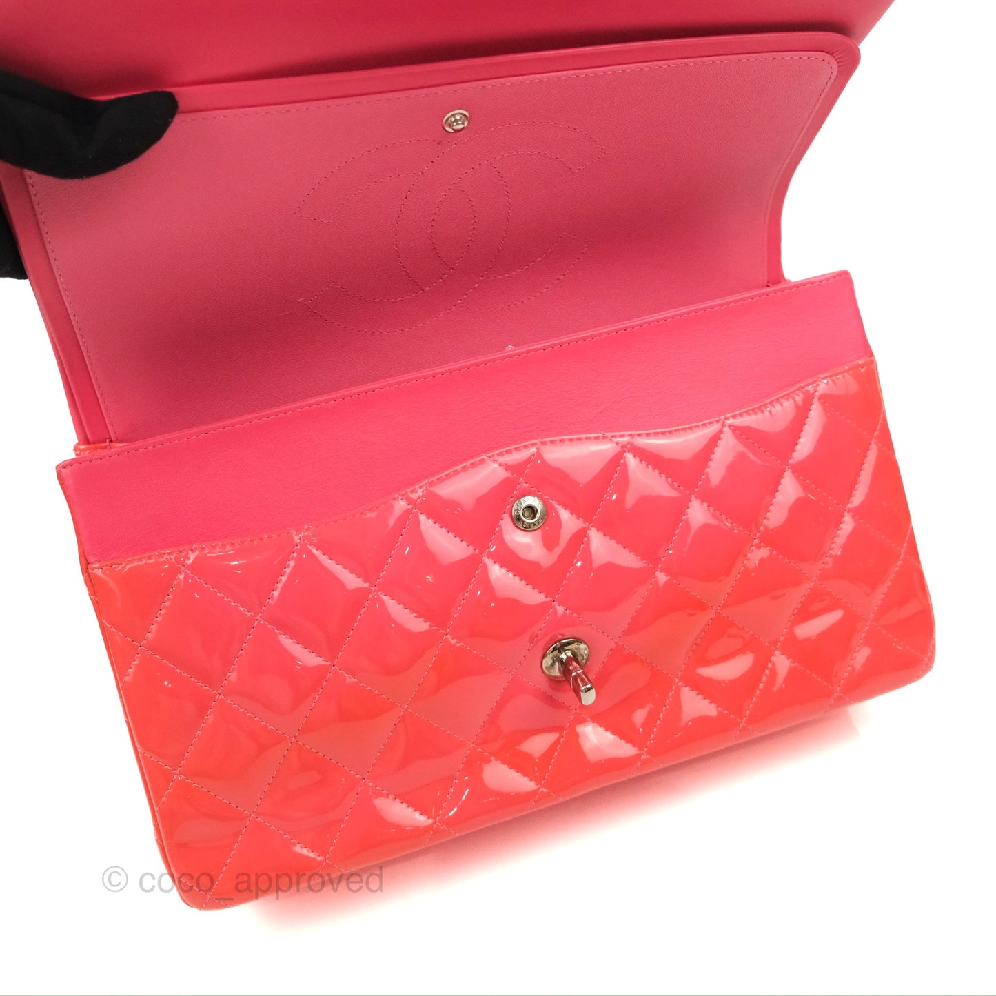 Chanel Jumbo Double Flap Coral Pink Patent Silver Hardware⁣⁣