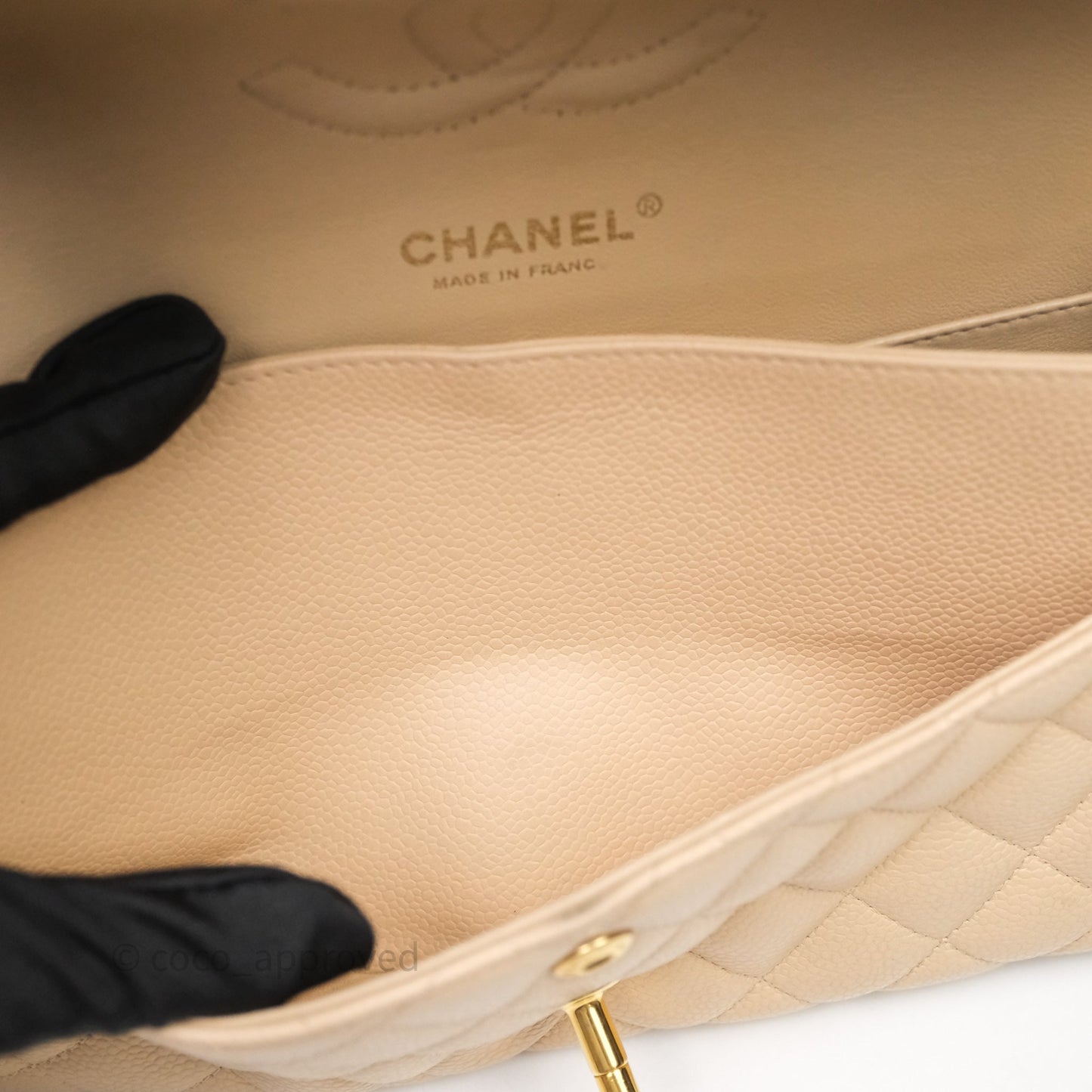 Chanel M/L Medium Classic Flap Quilted Beige Caviar Gold Hardware