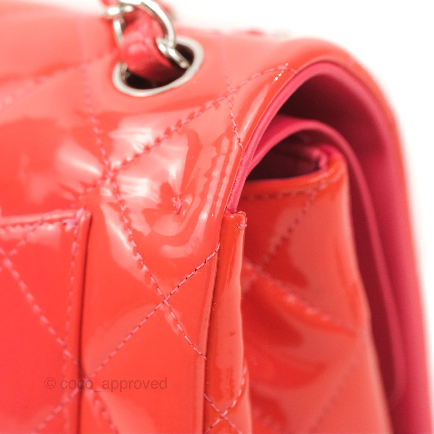 Chanel Jumbo Double Flap Coral Pink Patent Silver Hardware⁣⁣
