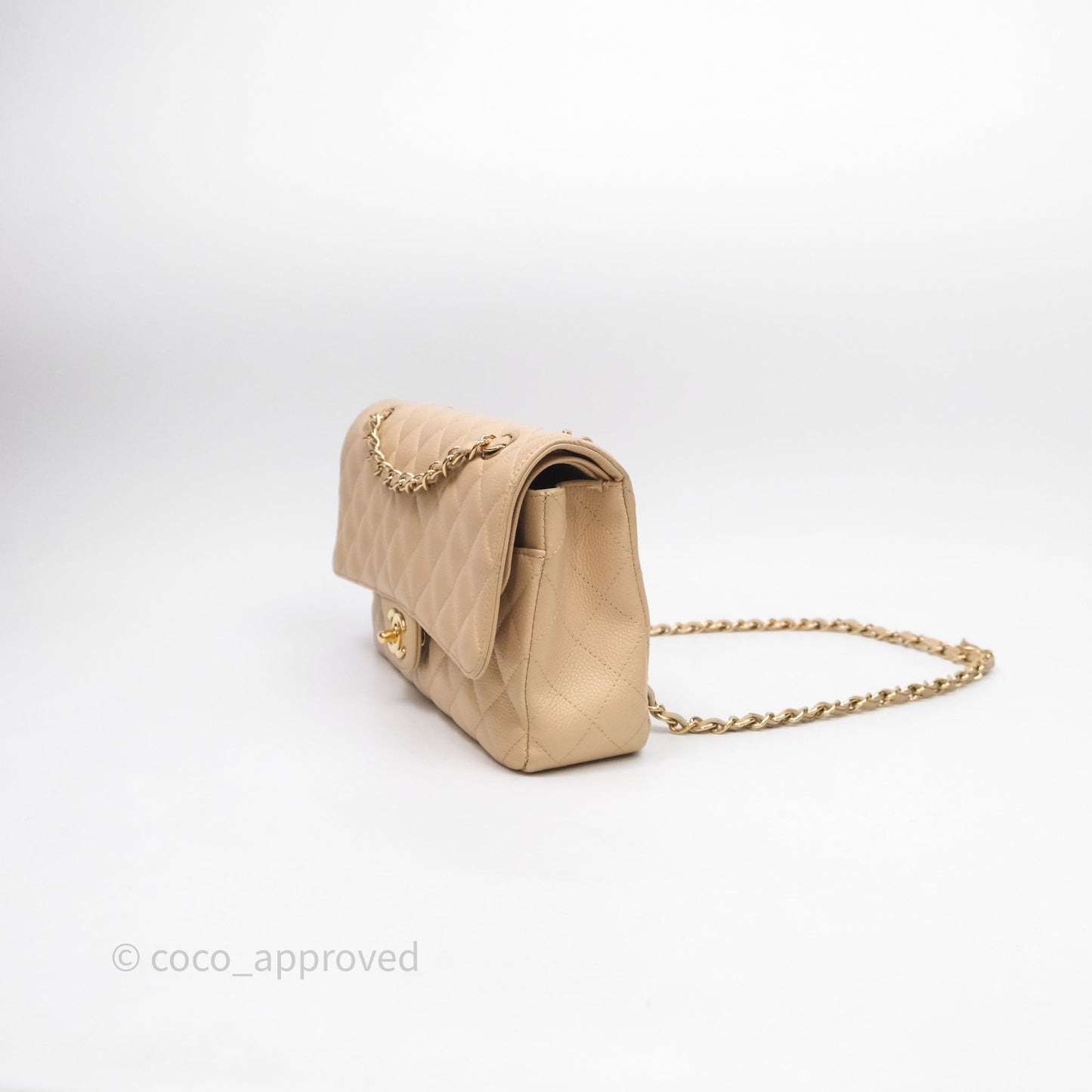 Chanel M/L Medium Classic Flap Quilted Beige Caviar Gold Hardware