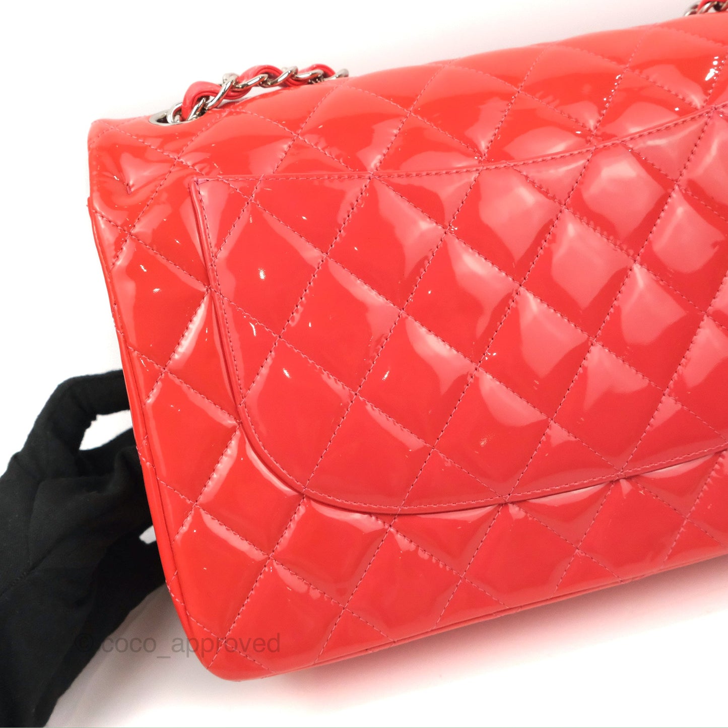 Chanel Jumbo Double Flap Coral Pink Patent Silver Hardware⁣⁣