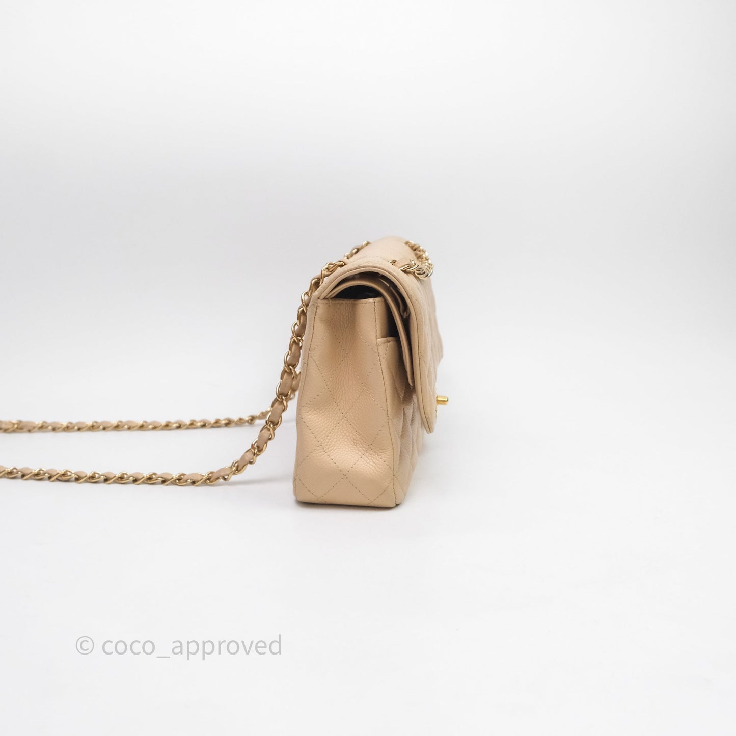 Chanel M/L Medium Classic Flap Quilted Beige Caviar Gold Hardware