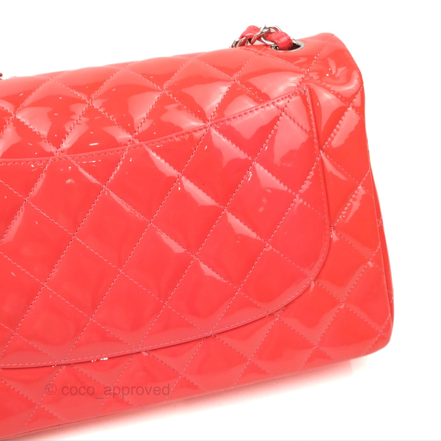 Chanel Jumbo Double Flap Coral Pink Patent Silver Hardware⁣⁣