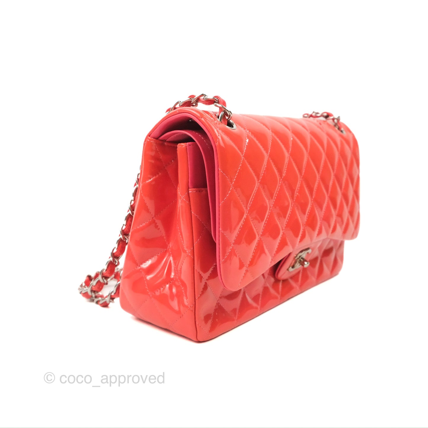 Chanel Jumbo Double Flap Coral Pink Patent Silver Hardware⁣⁣