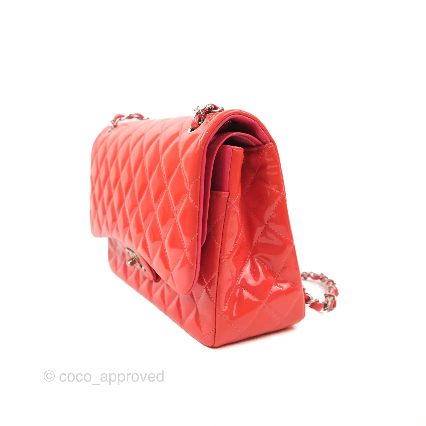 Chanel Jumbo Double Flap Coral Pink Patent Silver Hardware⁣⁣