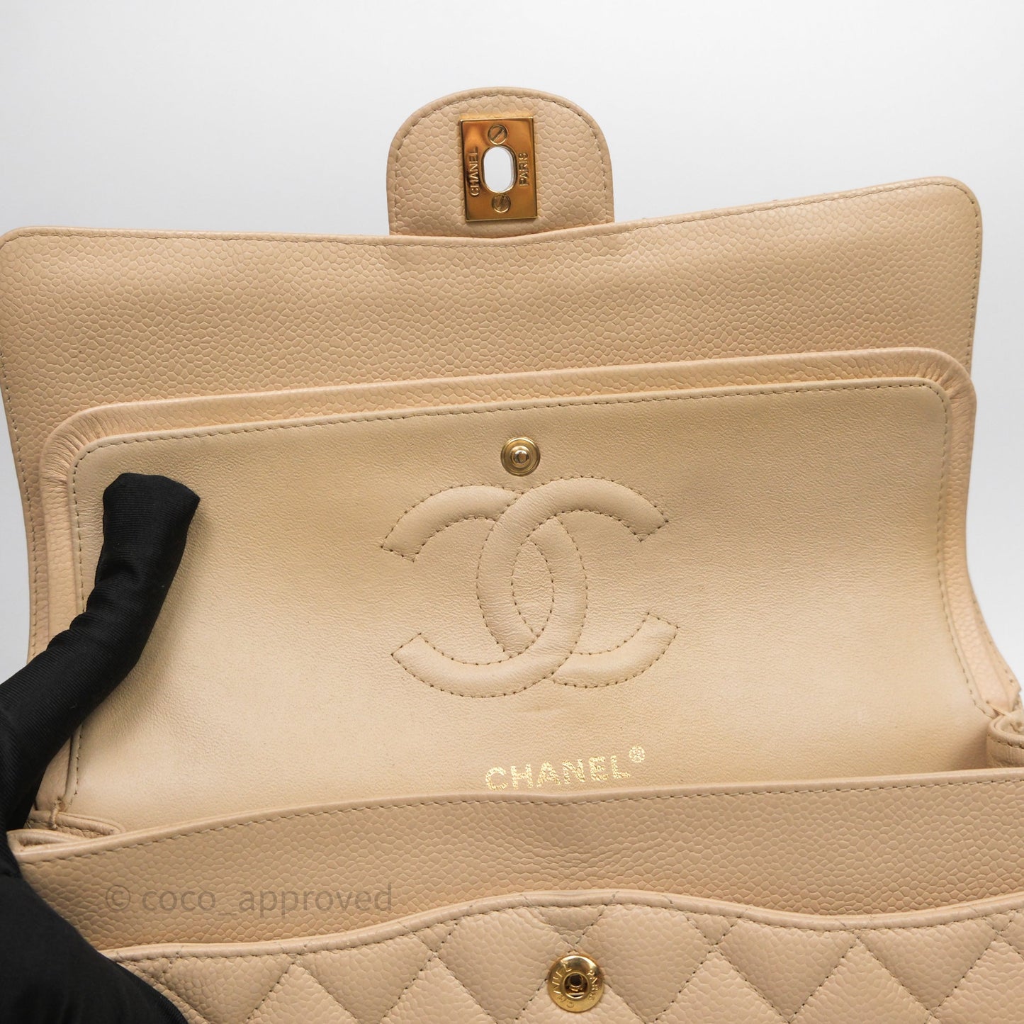 Chanel M/L Medium Classic Flap Quilted Beige Caviar Gold Hardware